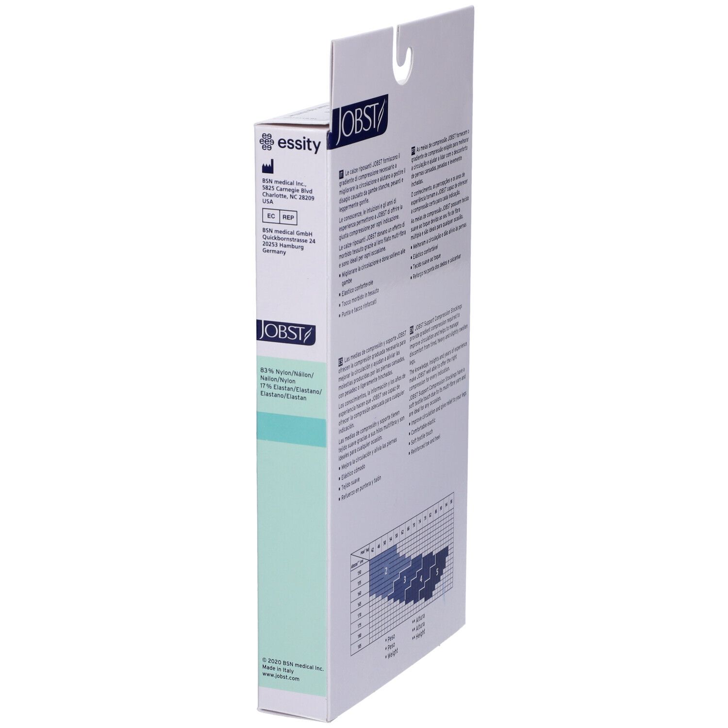 Confezione Jobst Collant Multifibra 70Den. Vista laterale. Testo: JOBST, essity, informazioni mediche, marchio CE.