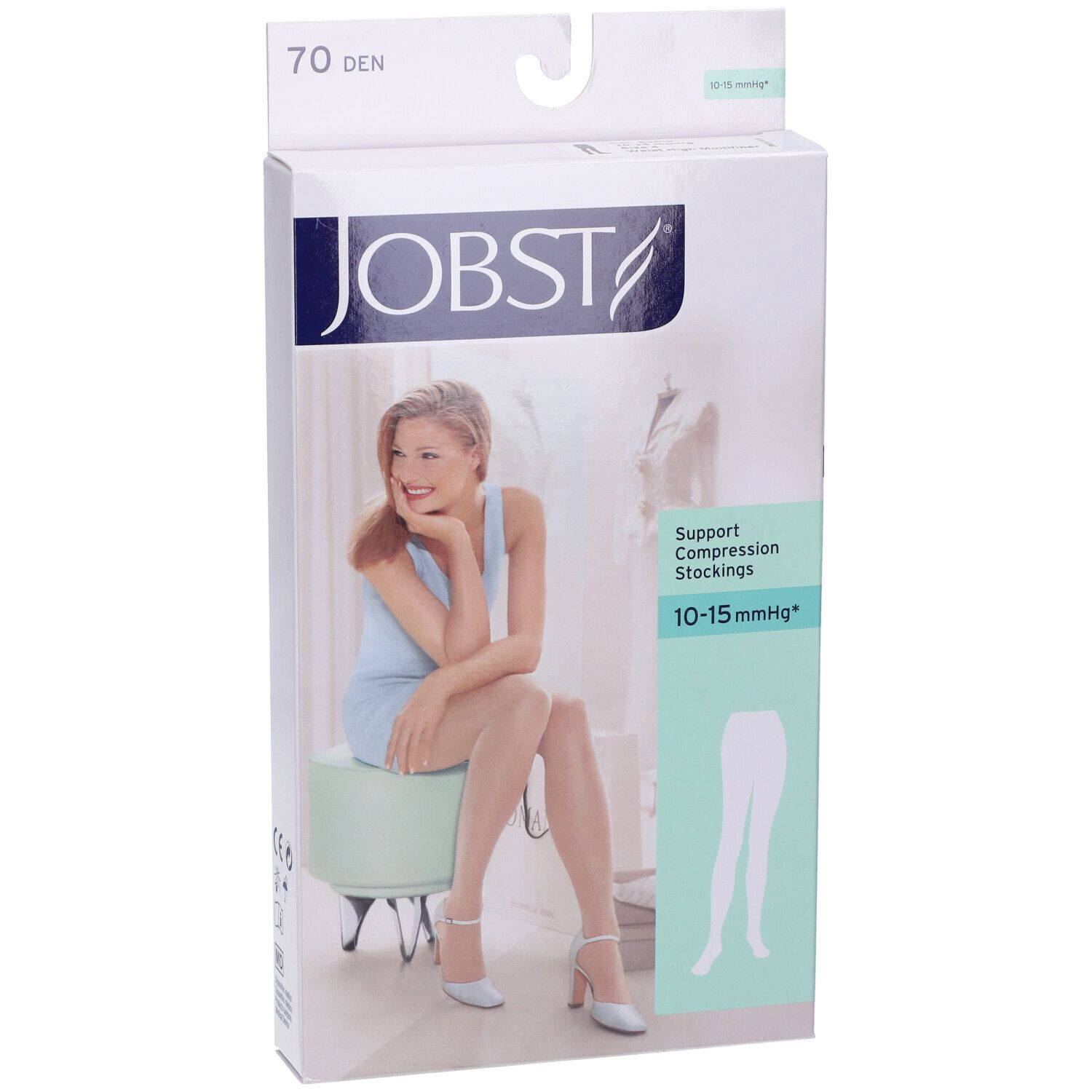 Confezione Jobst Collant Multifibra 70Den. Donna con calze. Testo: 70 DEN, JOBST, calze a compressione 10-15 mmHg.
