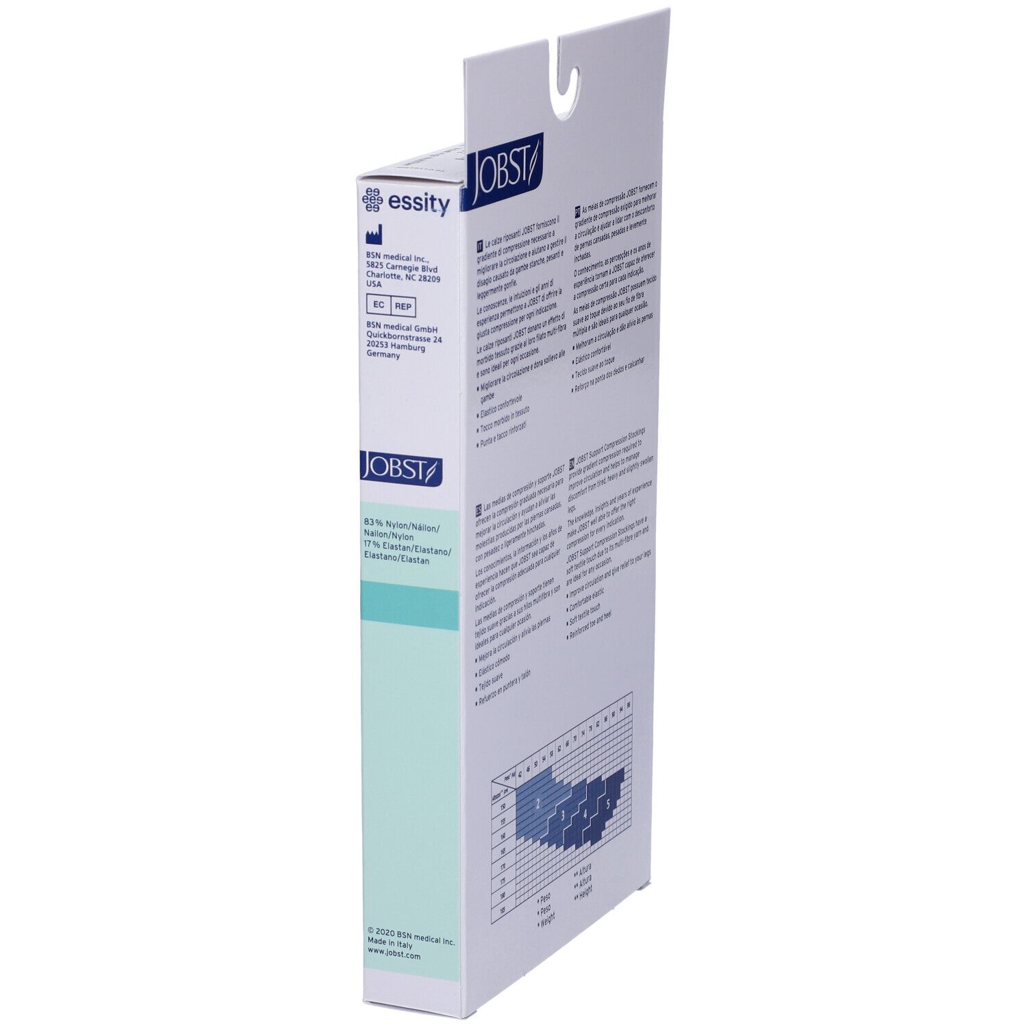 Vista laterale della confezione Jobst. Informazioni sui dispositivi medici. Marchio CE. Indirizzo del produttore.