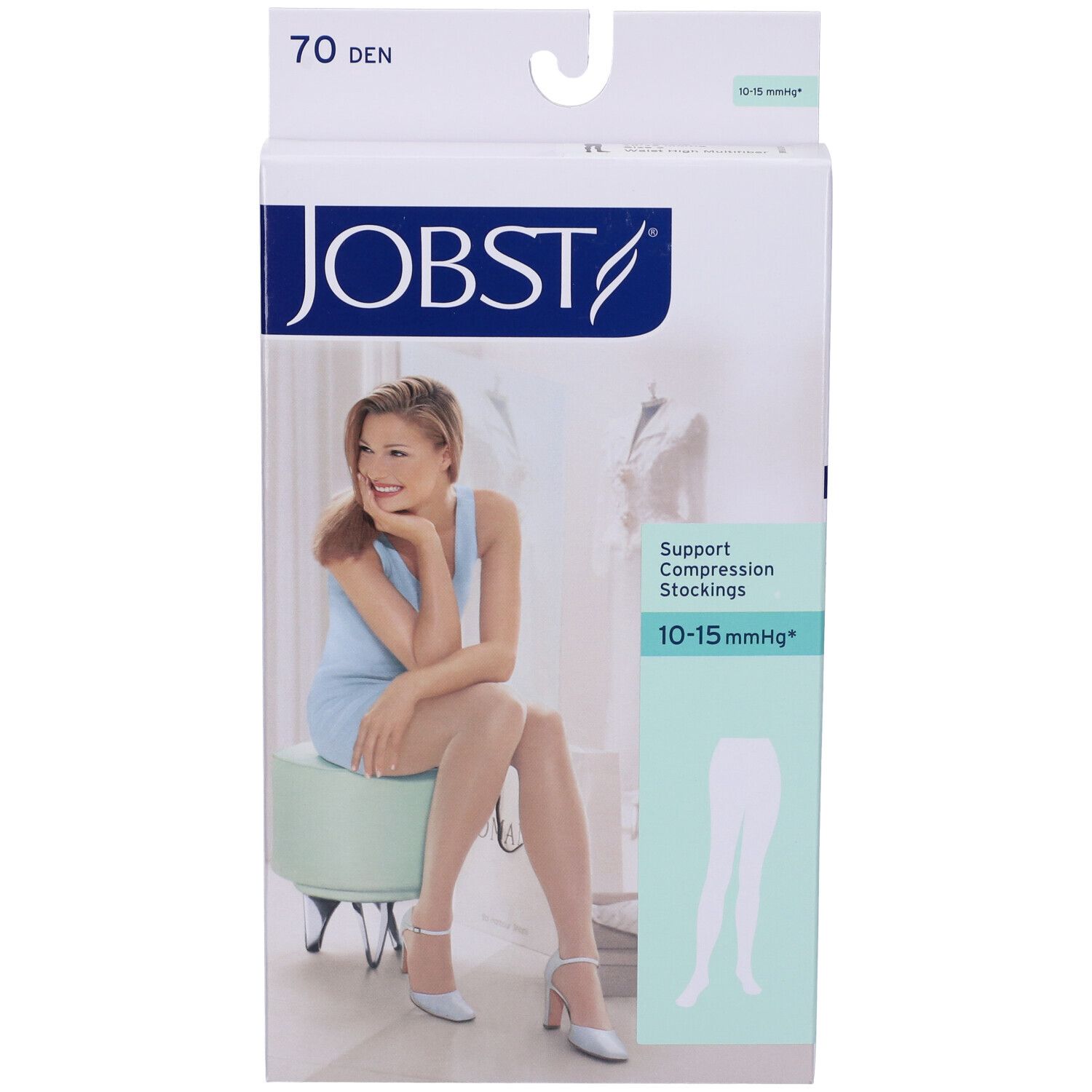 Confezione Jobst con calze compressive. Donna seduta su sgabello. 70 DEN, 10-15 mmHg. Immagine del prodotto.