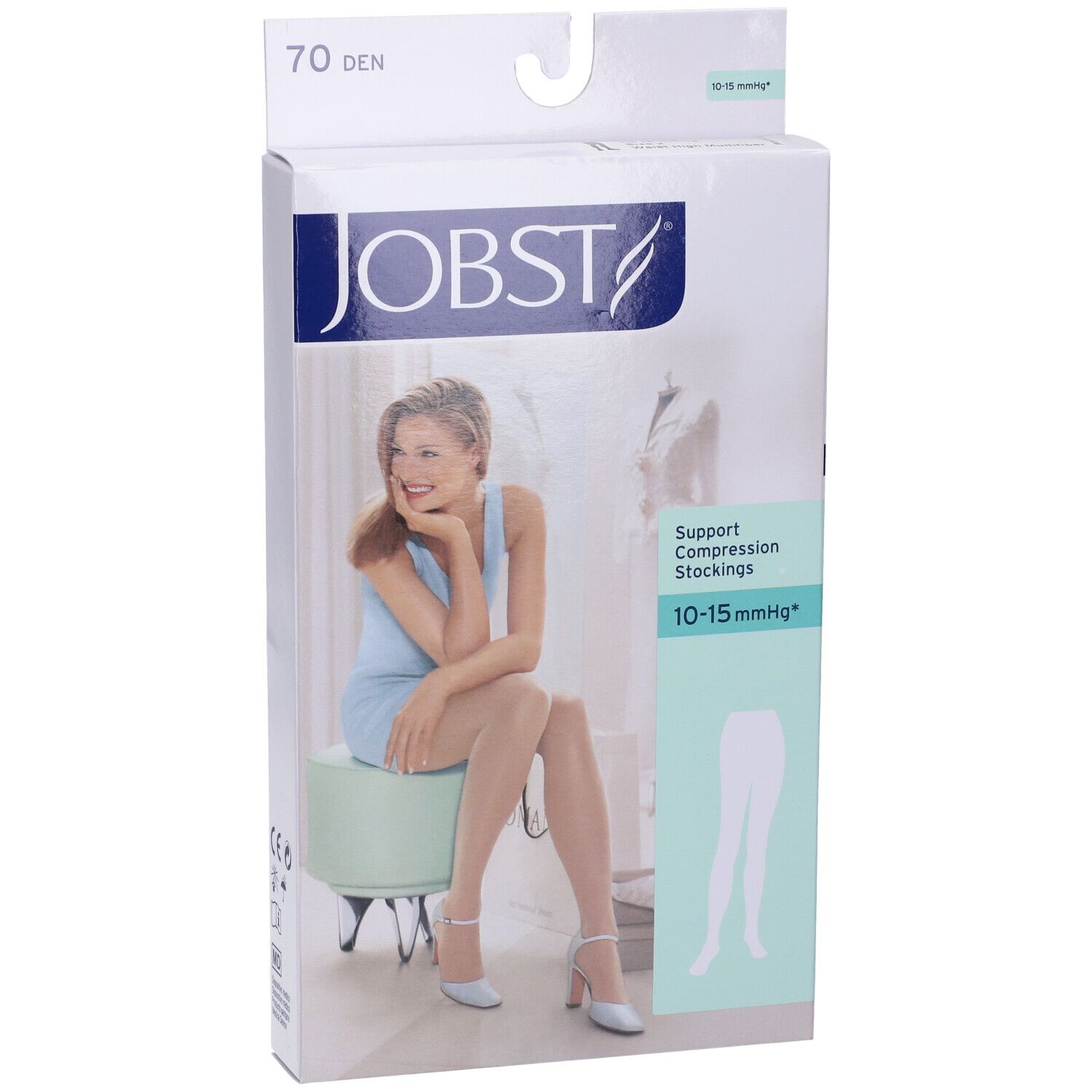 Confezione Jobst con calze compressive. Donna seduta su sgabello. 70 DEN, 10-15 mmHg. Immagine del prodotto.