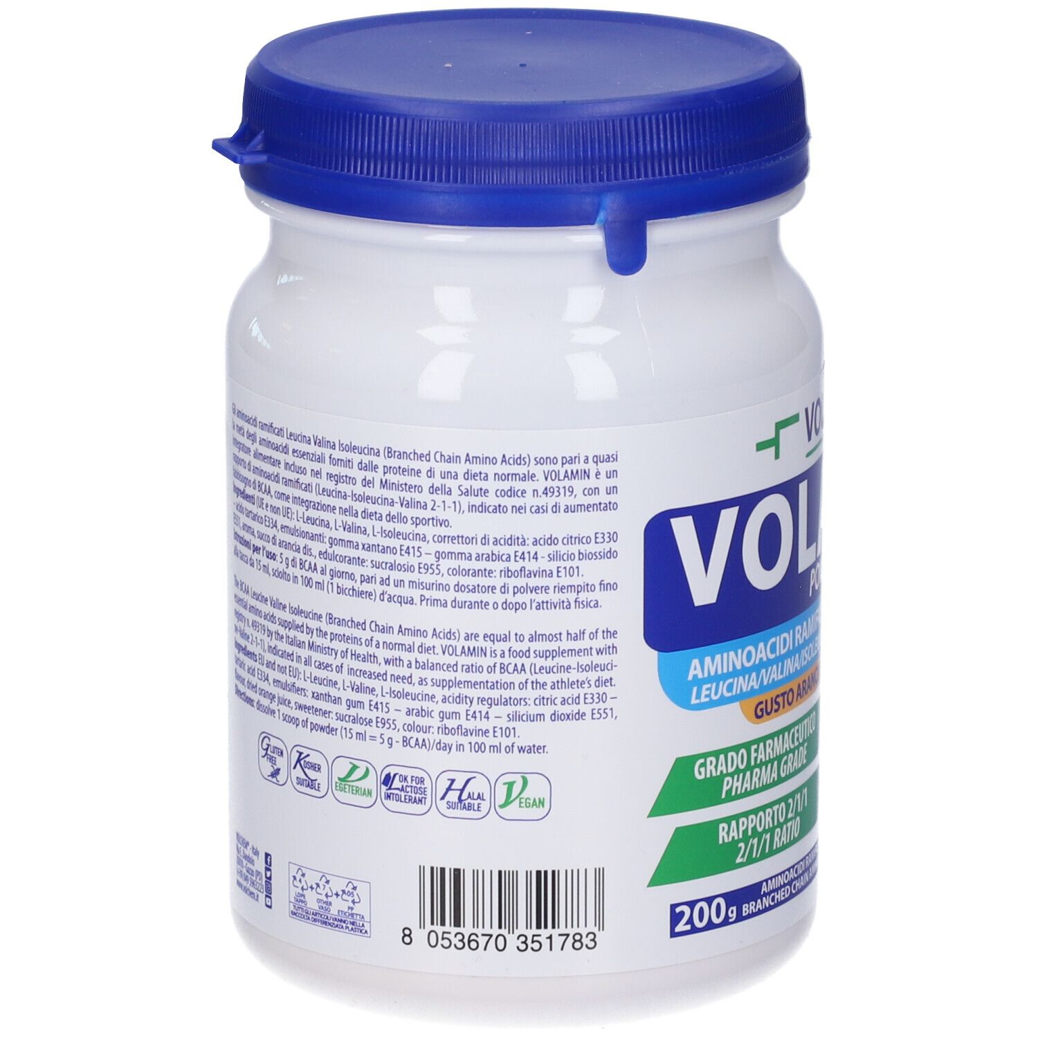 Retro del barattolo di polvere Volamin bianca con coperchio blu. Testo sugli ingredienti e informazioni nutrizionali.