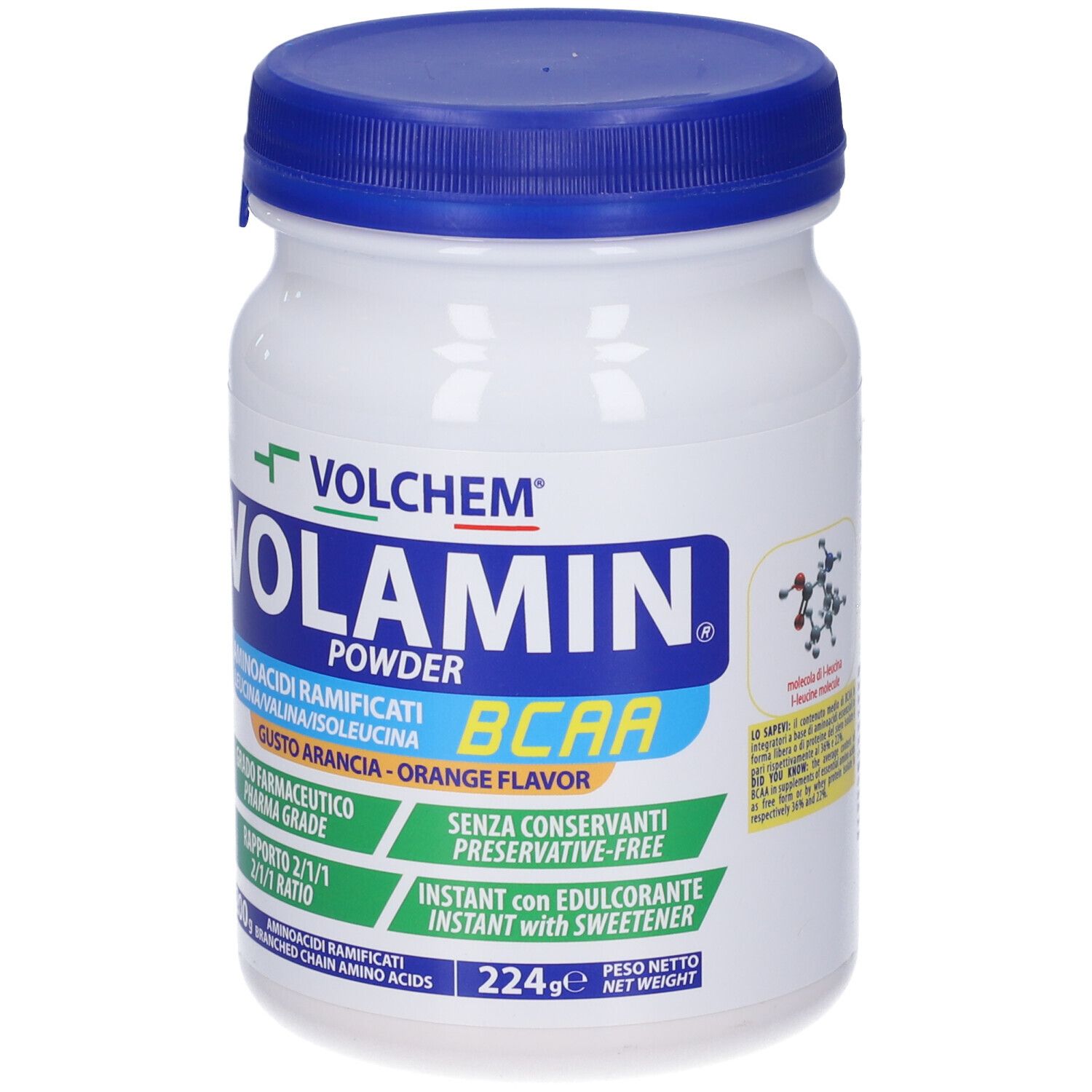 Barattolo bianco di polvere Volamin con coperchio blu. Scritta: BCAA, aminoacidi, gusto arancia. Grado farmaceutico.