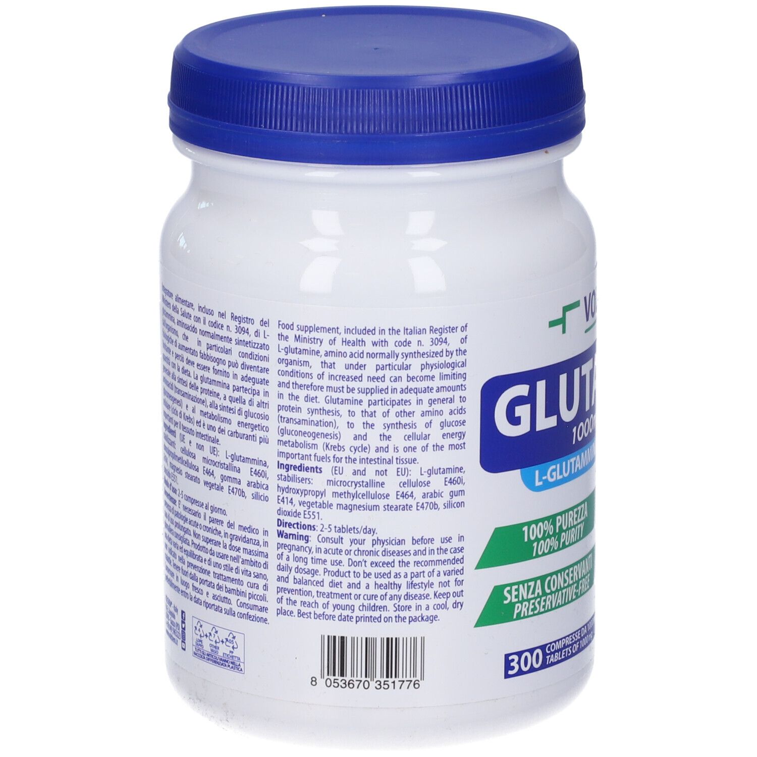 Barattolo bianco con coperchio blu. Retro con testo in italiano. Scritta: VOLCHEM Glutamass 1000mg Tablet. 300 compresse.