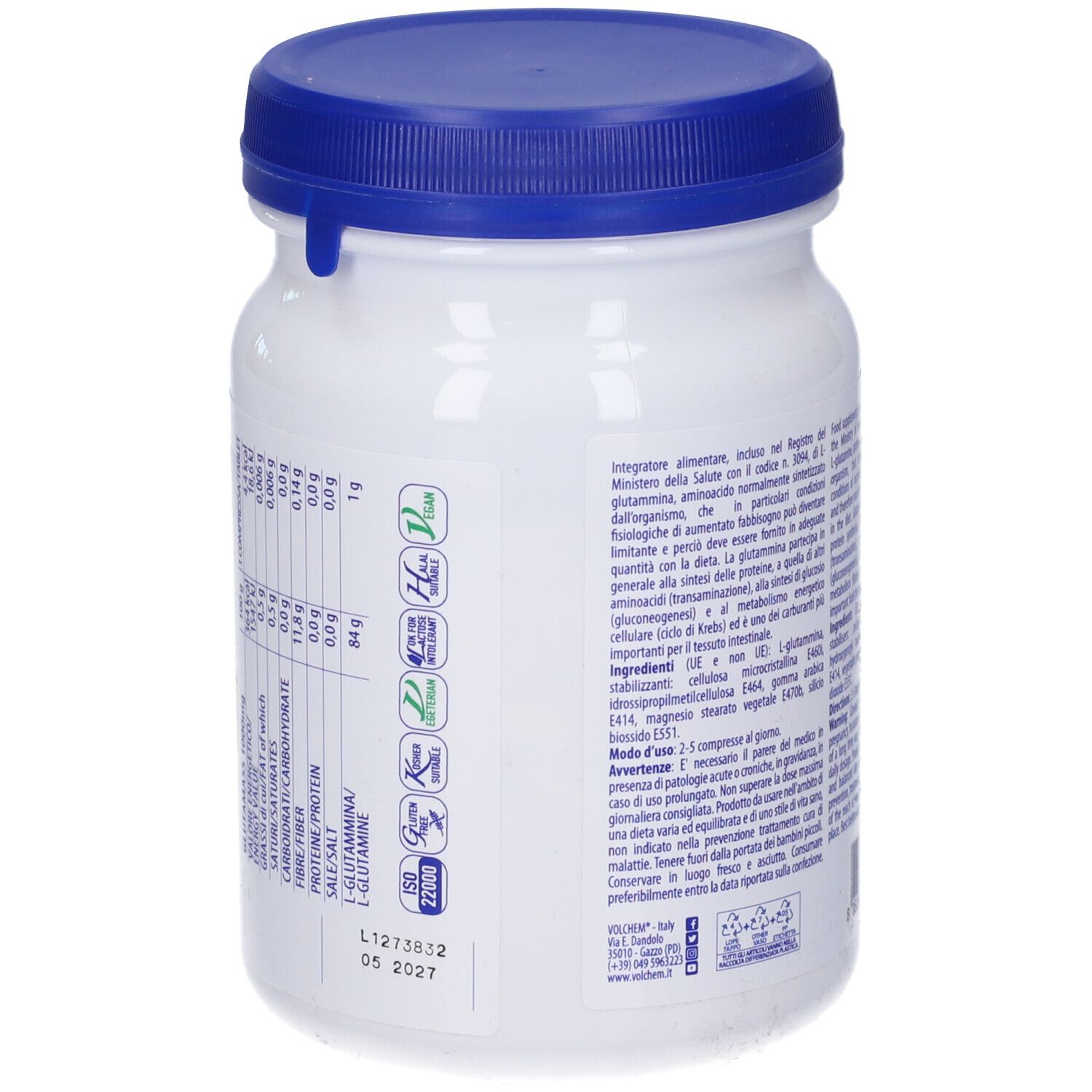 Barattolo bianco con coperchio blu. Retro con testo e loghi. Scritta: VOLCHEM Glutamass 1000mg Tablet. 300 compresse.