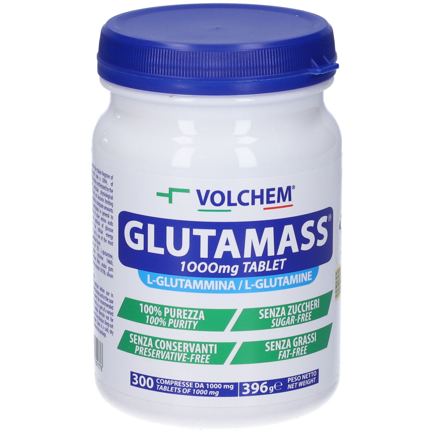 Barattolo bianco con coperchio blu. Scritta: VOLCHEM Glutamass 1000mg Tablet. 300 compresse. Etichette verdi e bianche.