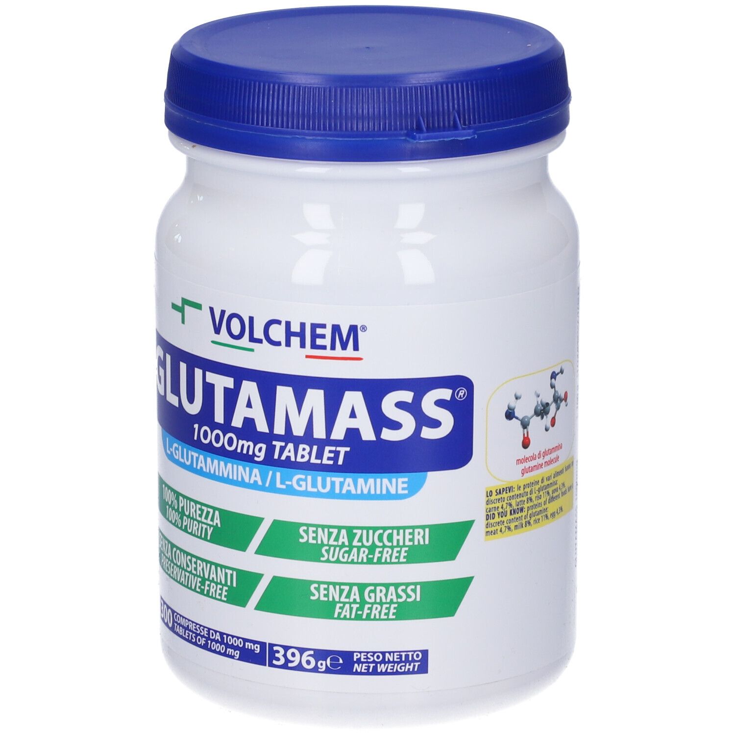 Barattolo bianco con coperchio blu. Scritta: VOLCHEM Glutamass 1000mg Tablet. 300 compresse. Etichette verdi e bianche. Struttura chimica.