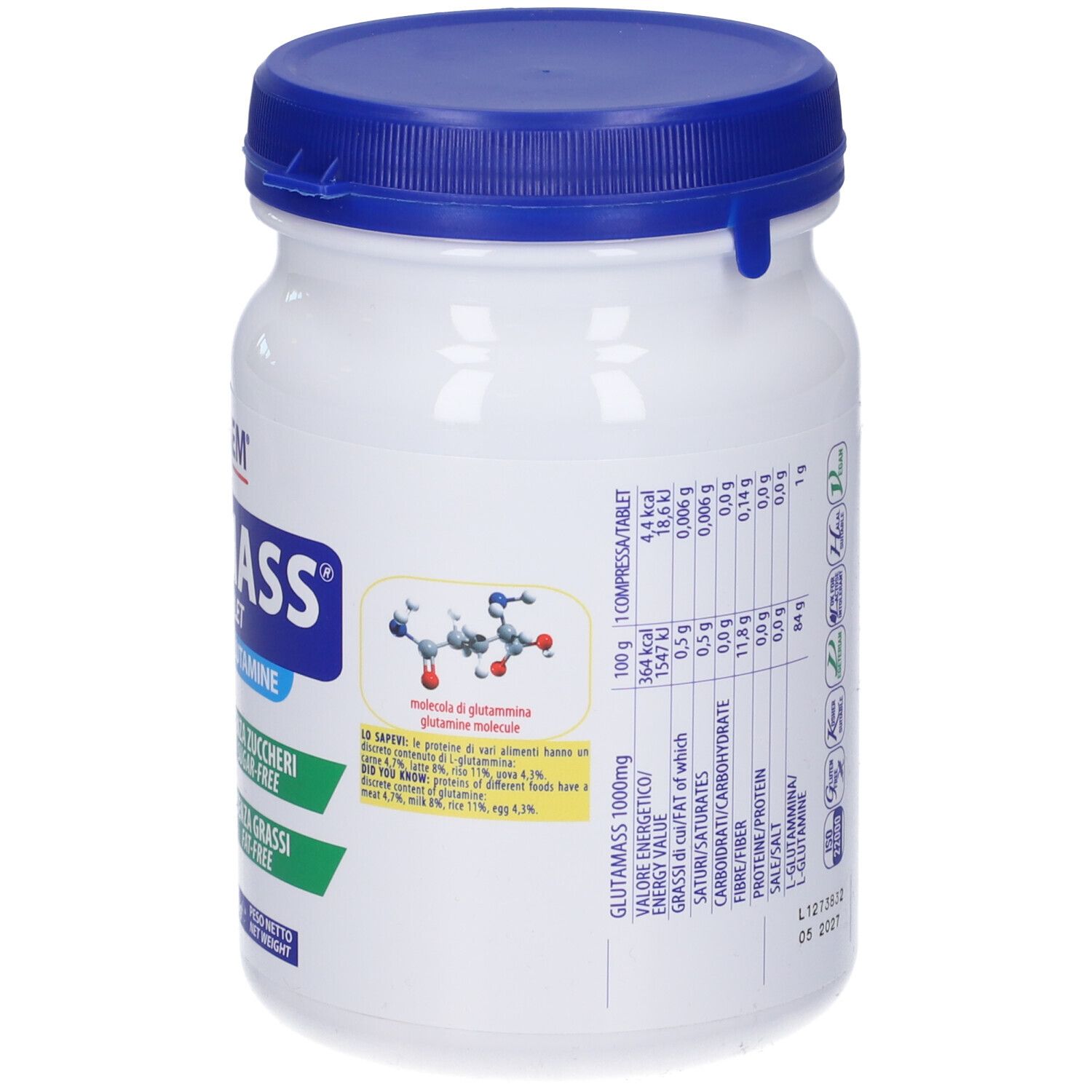 Barattolo bianco con coperchio blu. Retro con testo, struttura chimica e informazioni nutrizionali. Scritta: Glutamass 1000mg.