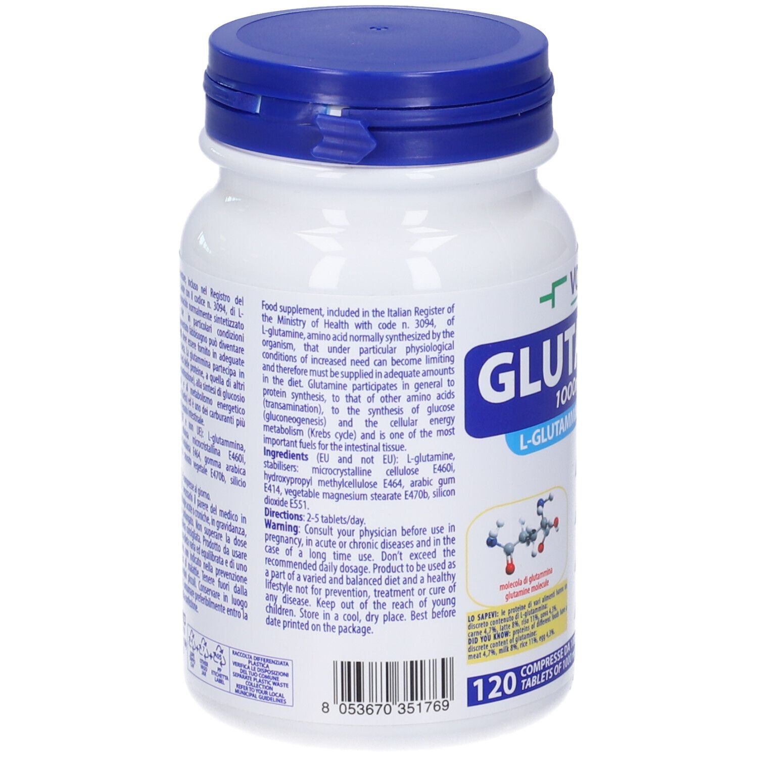 Retro del flacone bianco con tappo blu. Informazioni testuali e ingredienti. 120 compresse.