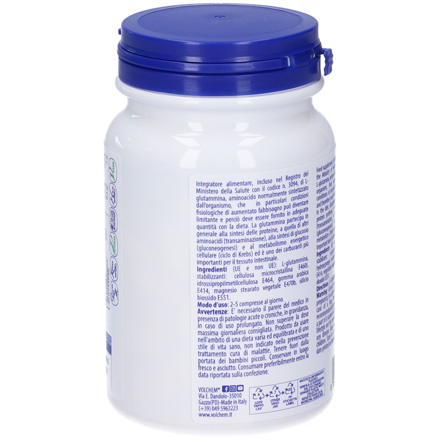 Retro del flacone bianco con tappo blu. Informazioni testuali e ingredienti. 120 compresse.