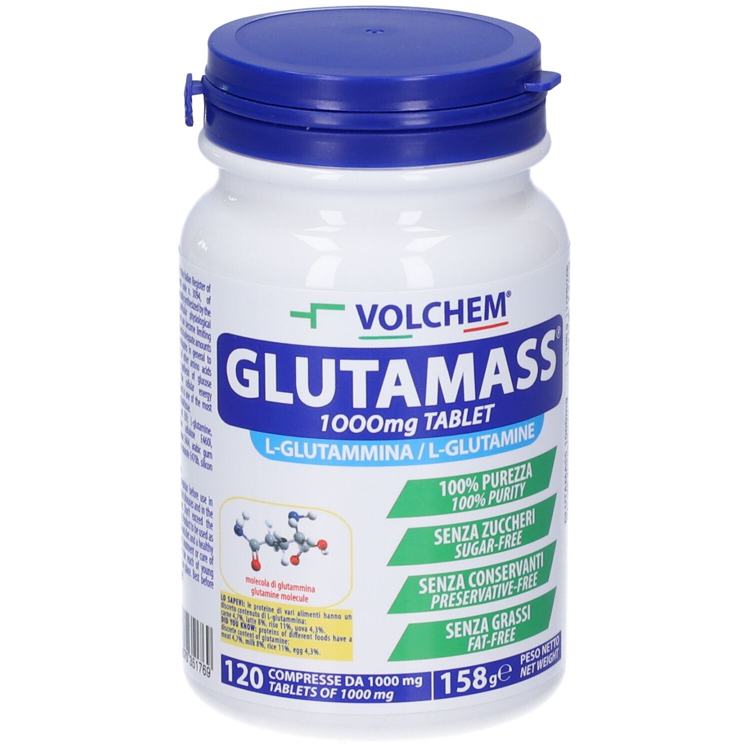 Flacone bianco con tappo blu. Scritta: VOLCHEM Glutamass 1000mg Tablet. 120 compresse. Etichette verdi e bianche.