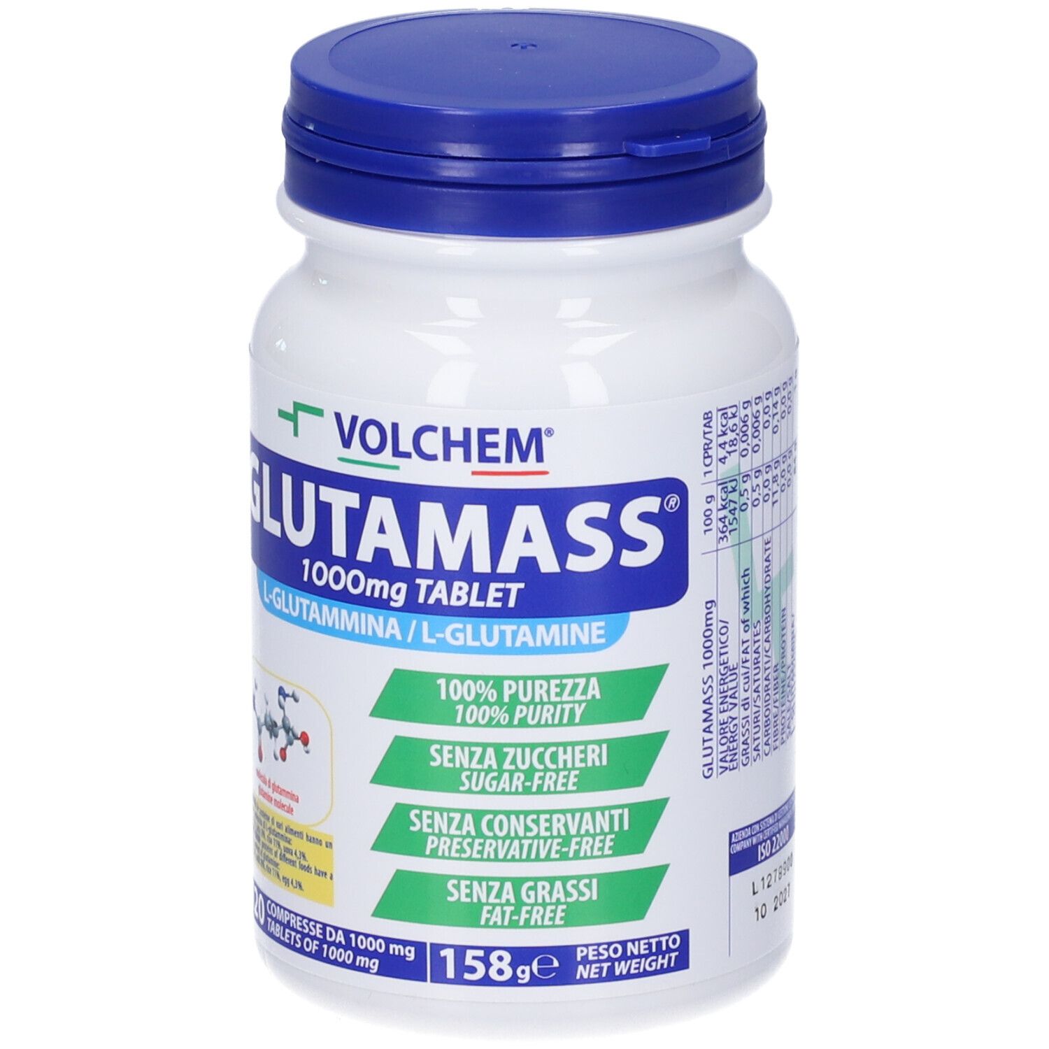 Flacone bianco con tappo blu. Scritta: VOLCHEM Glutamass 1000mg Tablet. 120 compresse. Etichette verdi e bianche.