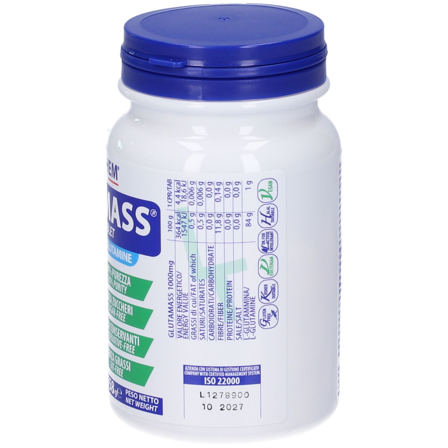 Retro del flacone bianco con tappo blu. Informazioni nutrizionali e certificazioni. ISO 22000.