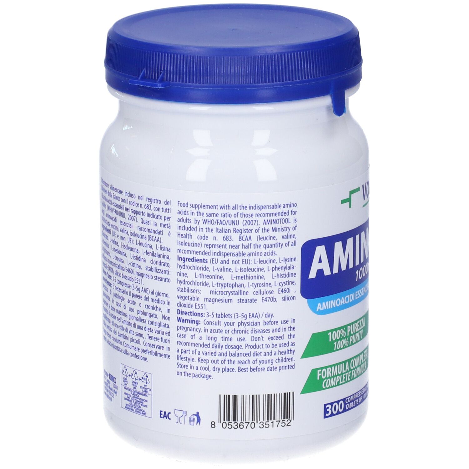 Retro del barattolo bianco con coperchio blu. Informazioni testuali e lista ingredienti. 300 compresse.