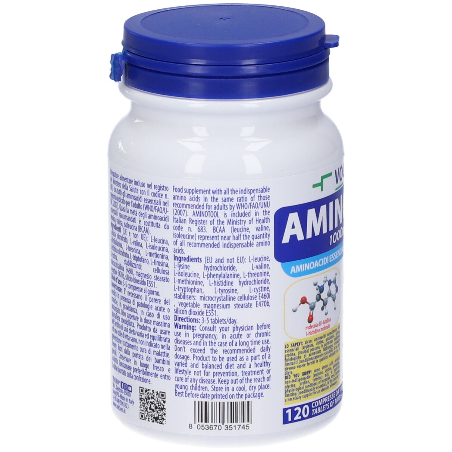 Retro del flacone bianco, tappo blu. Testo su ingredienti e uso. 120 compresse.