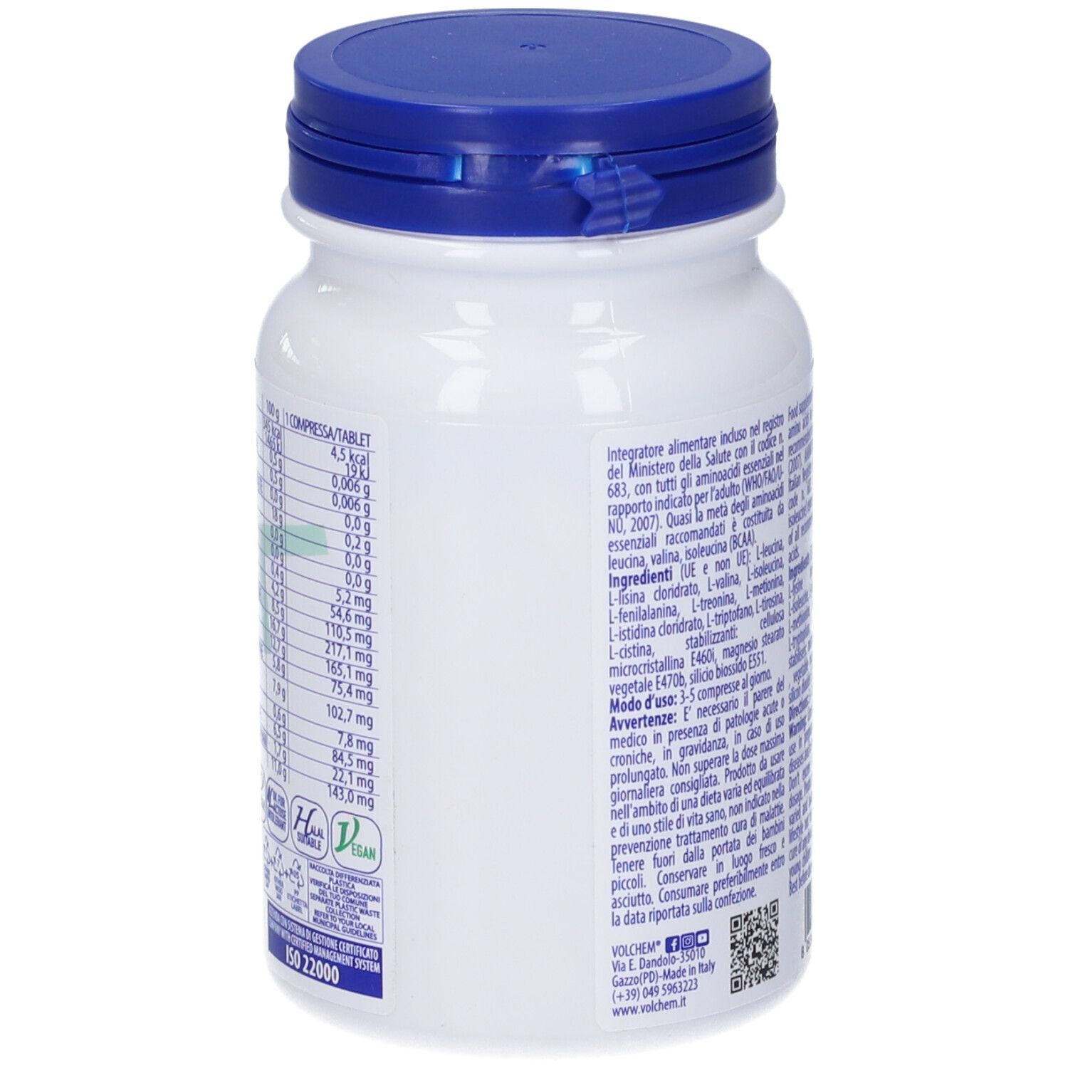 Retro del flacone bianco, tappo blu. Informazioni nutrizionali e certificazioni. ISO 22000.