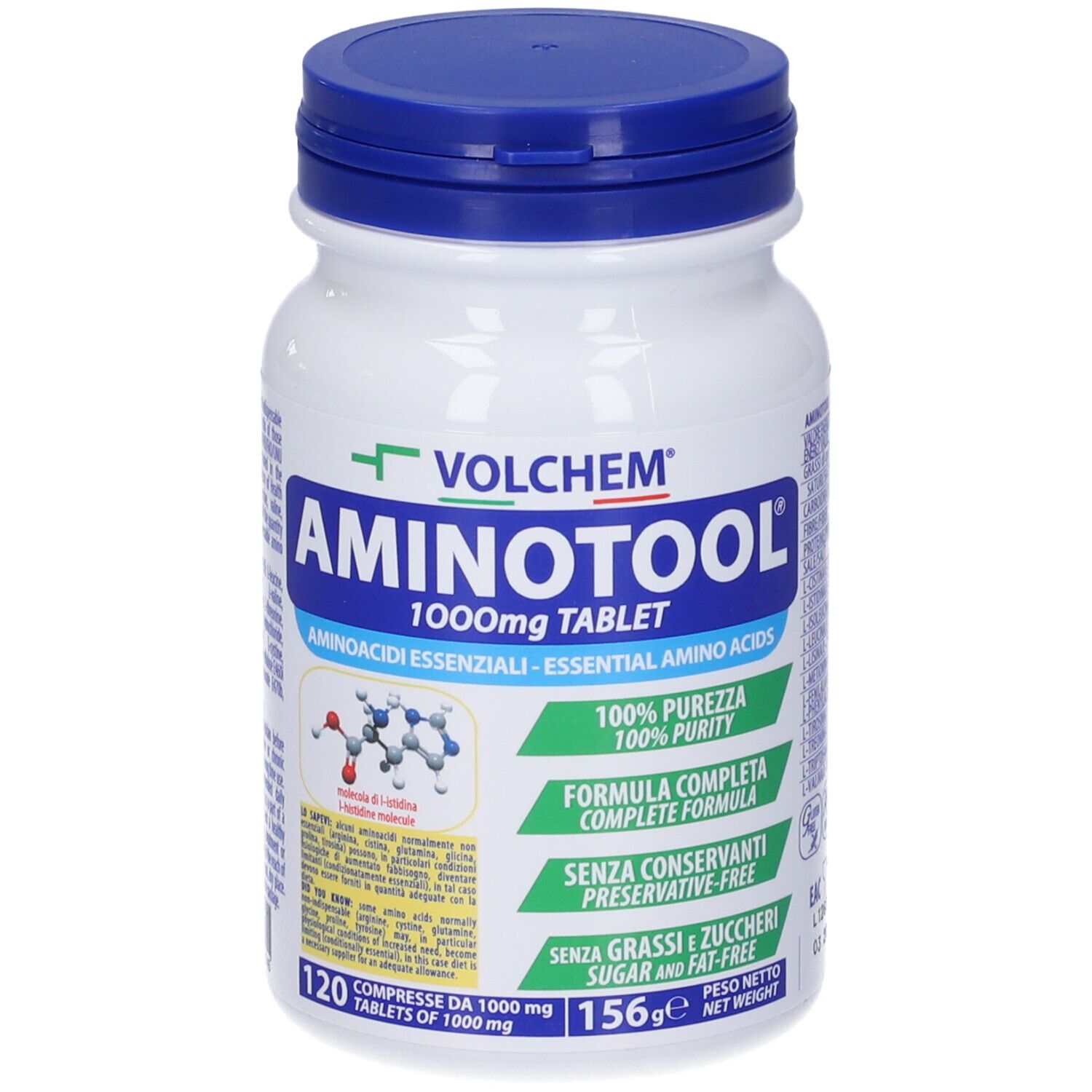 Flacone bianco, tappo blu. Scritta: VOLCHEM Aminotool 1000mg Tablet. 120 compresse, 156g.