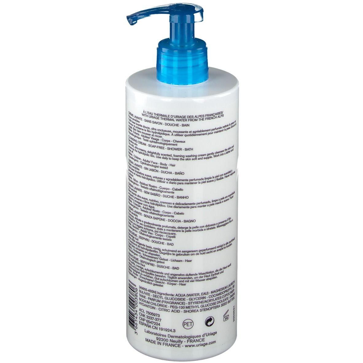 Retro del flacone bianco con dosatore blu. Testo multilingue. Nome prodotto: Crème Lavante.