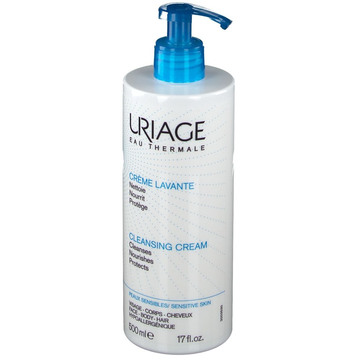 Flacone bianco con dosatore blu. Scritta URIAGE, Crème Lavante, 500ml. Per pelli sensibili.