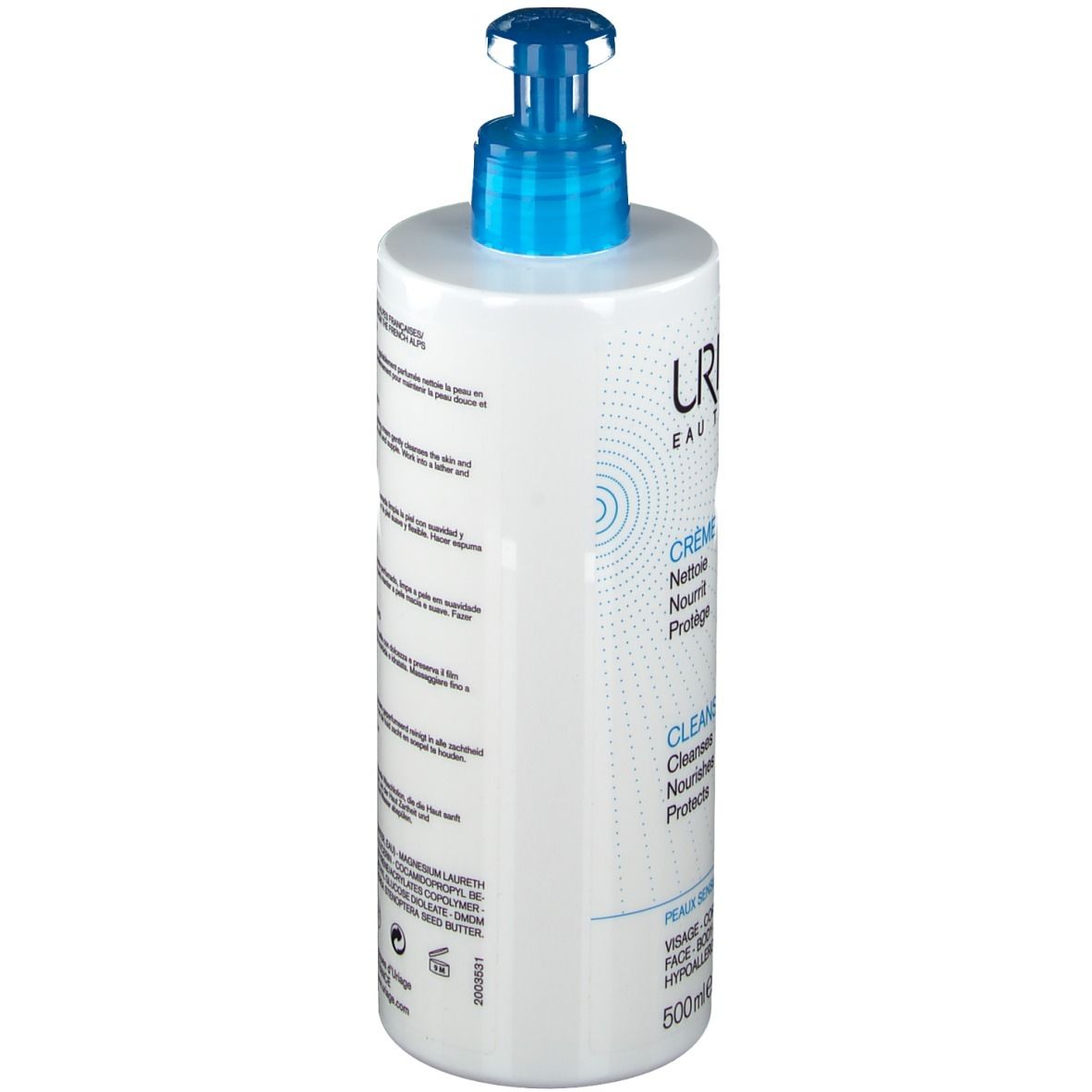 Flacone bianco con dosatore blu. Scritta URIAGE, Crème Lavante, 500ml. Per pelli sensibili.
