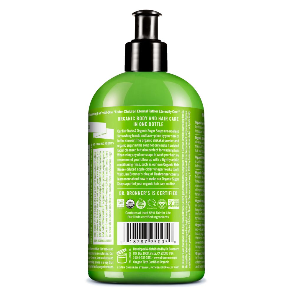 Retro del flacone verde. Testo con ingredienti e certificazioni. Dosatore nero.