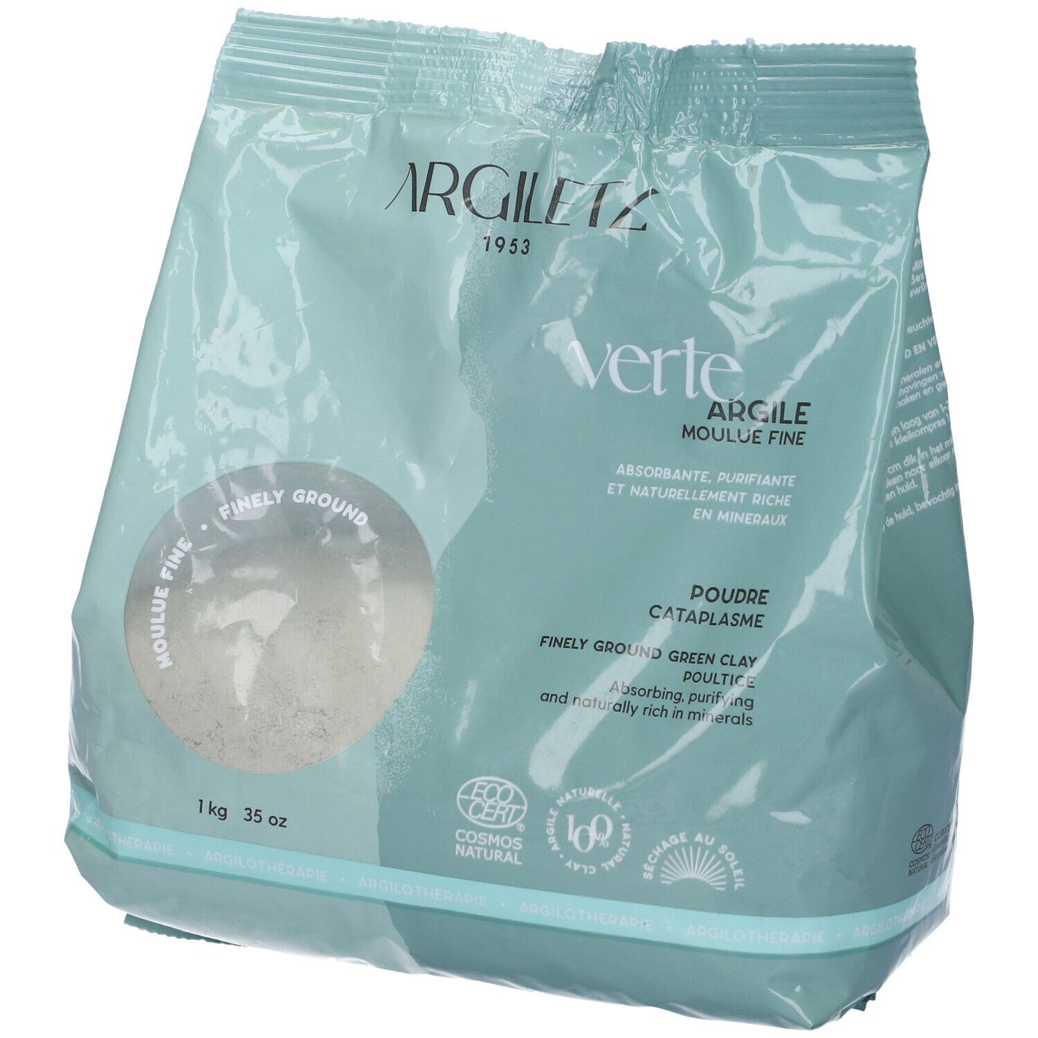 Busta verde chiaro Argiletz Argilla Verde Moule Fine. Scritte: 1 kg, 35 oz. Certificazioni.