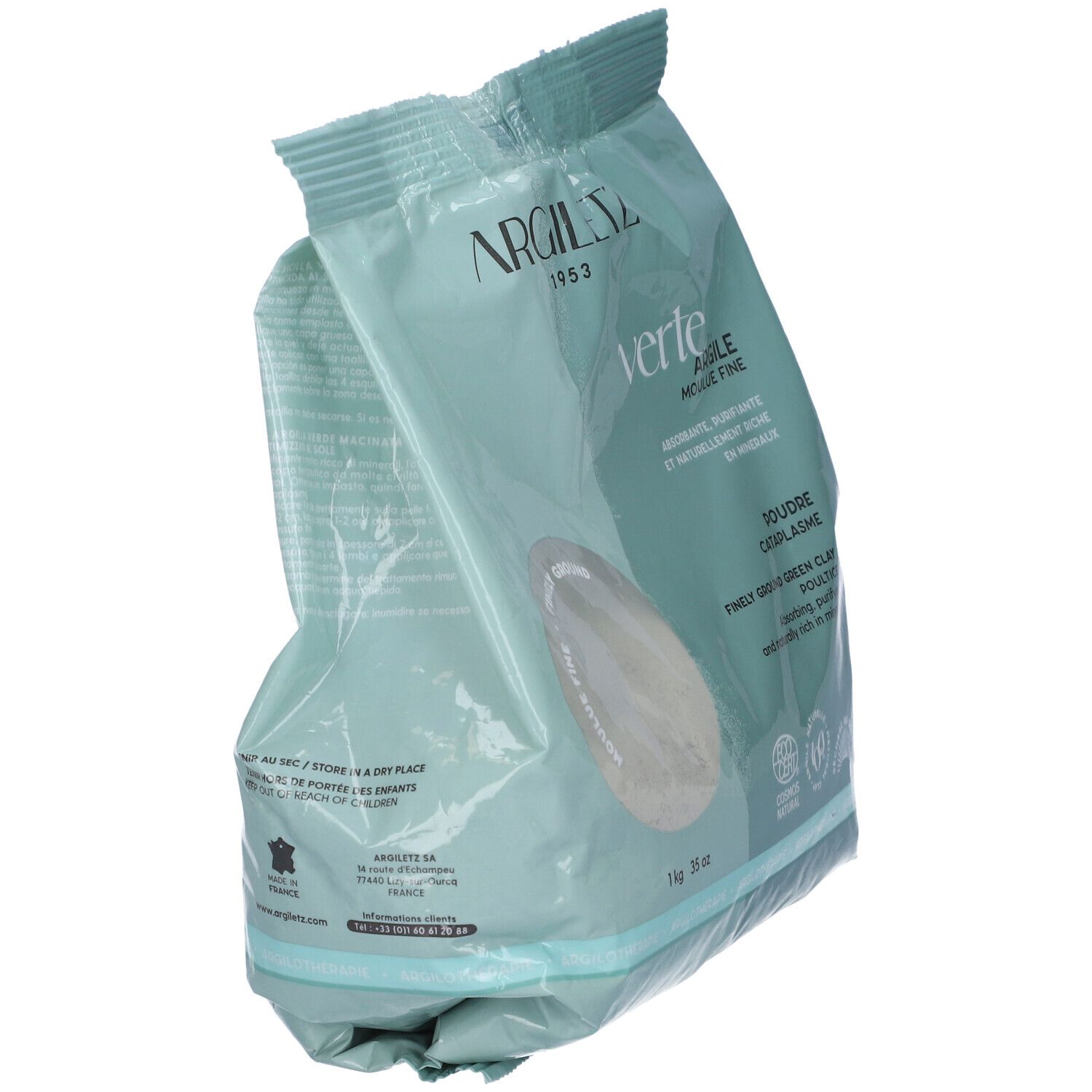 Busta verde chiaro Argiletz Argilla Verde Moule Fine. Scritte: 1 kg, 35 oz. Certificazioni.