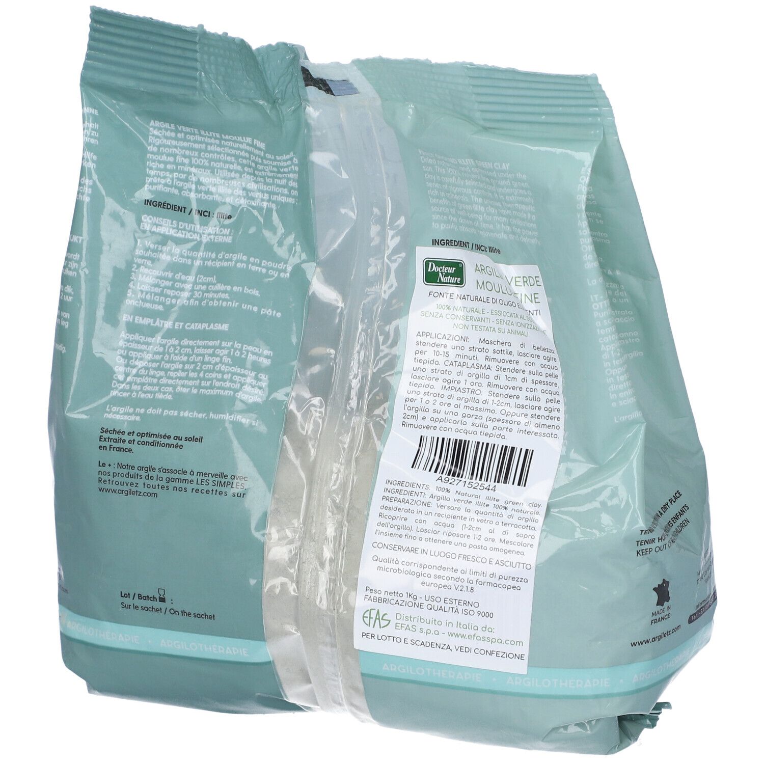 Busta verde chiaro Argiletz Argilla Verde Moule Fine. Scritte: 1 kg, 35 oz. Certificazioni.