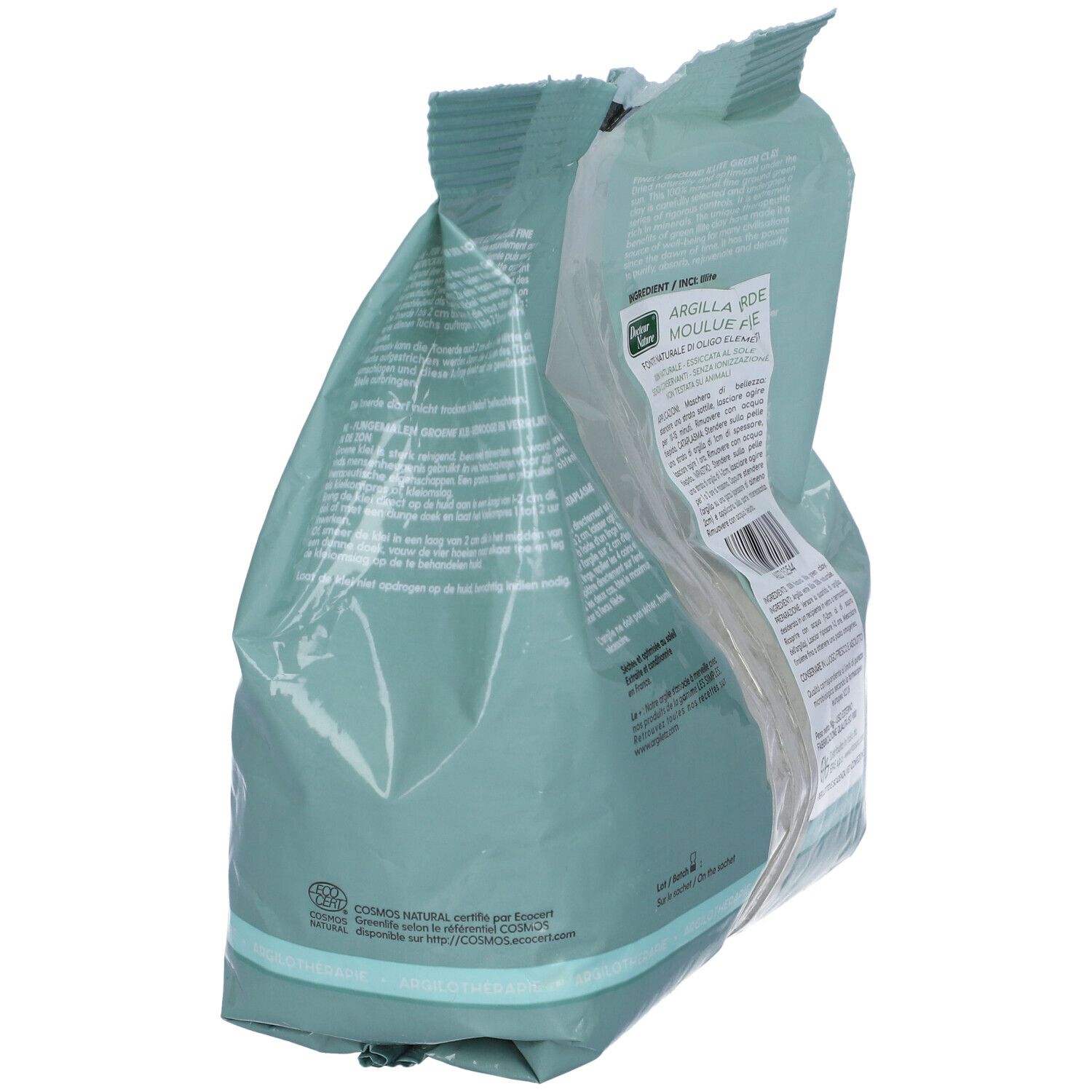 Busta verde chiaro Argiletz Argilla Verde Moule Fine. Scritte: 1 kg, 35 oz. Certificazioni.