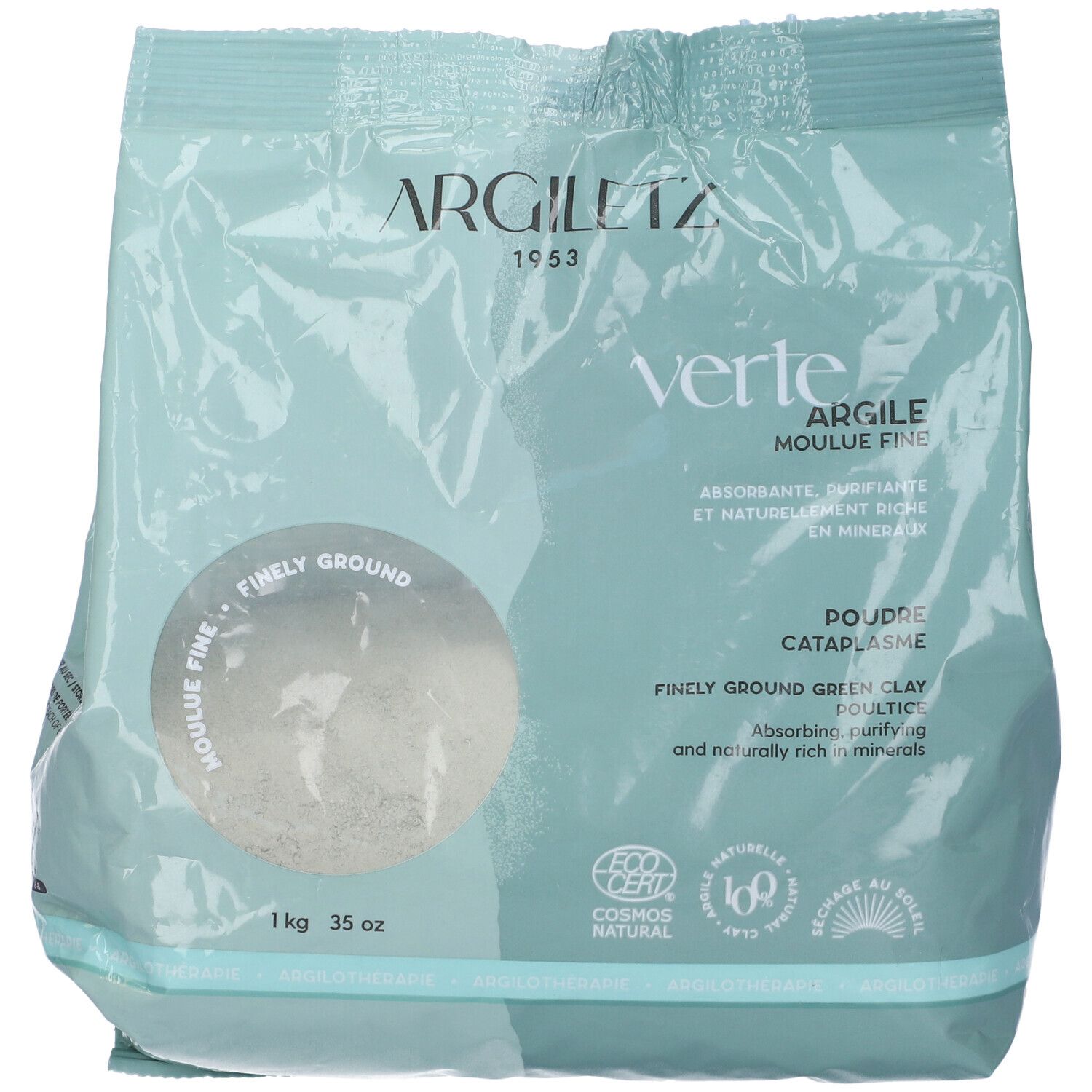 Busta verde chiaro Argiletz Argilla Verde Moule Fine. Scritte: 1 kg, 35 oz. Certificazioni.