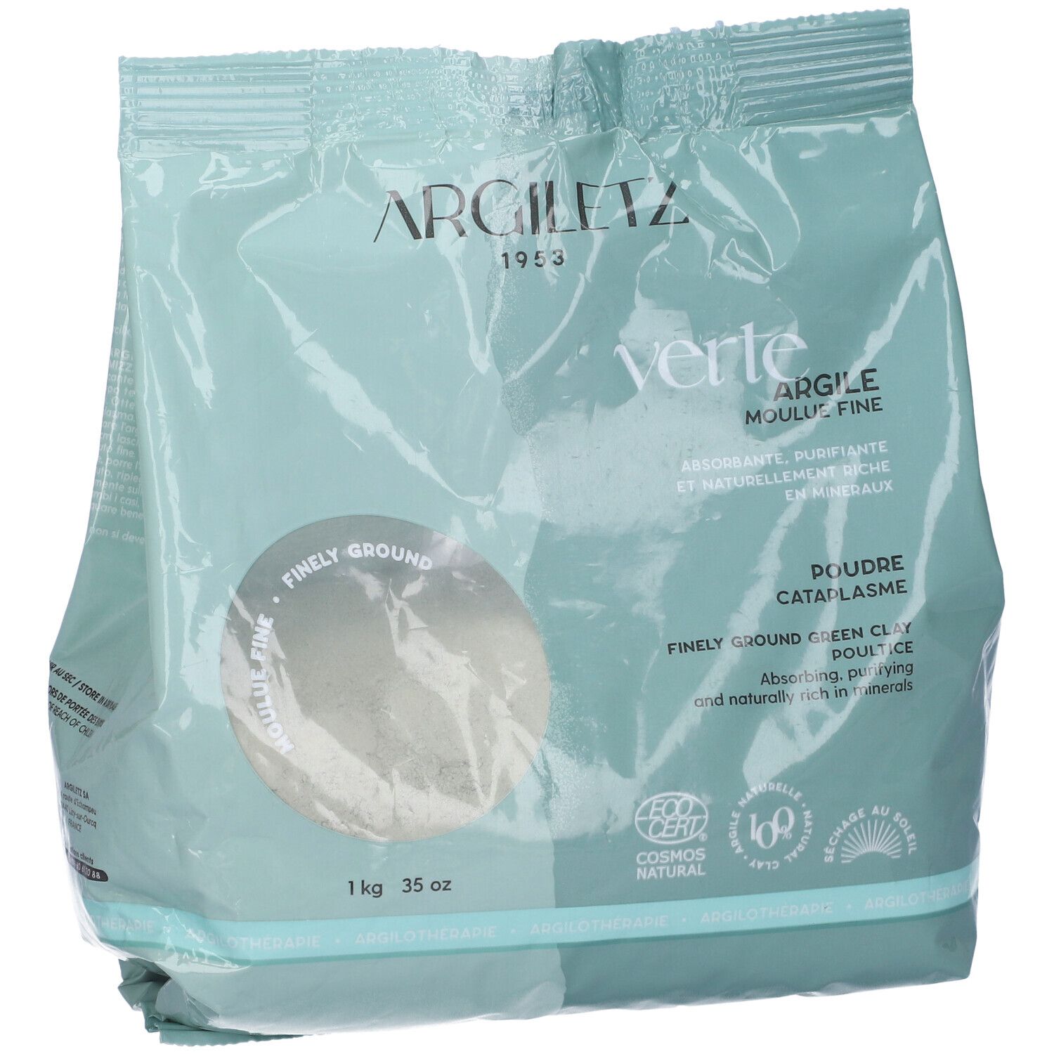 Busta verde chiaro Argiletz Argilla Verde Moule Fine. Scritte: 1 kg, 35 oz. Certificazioni.