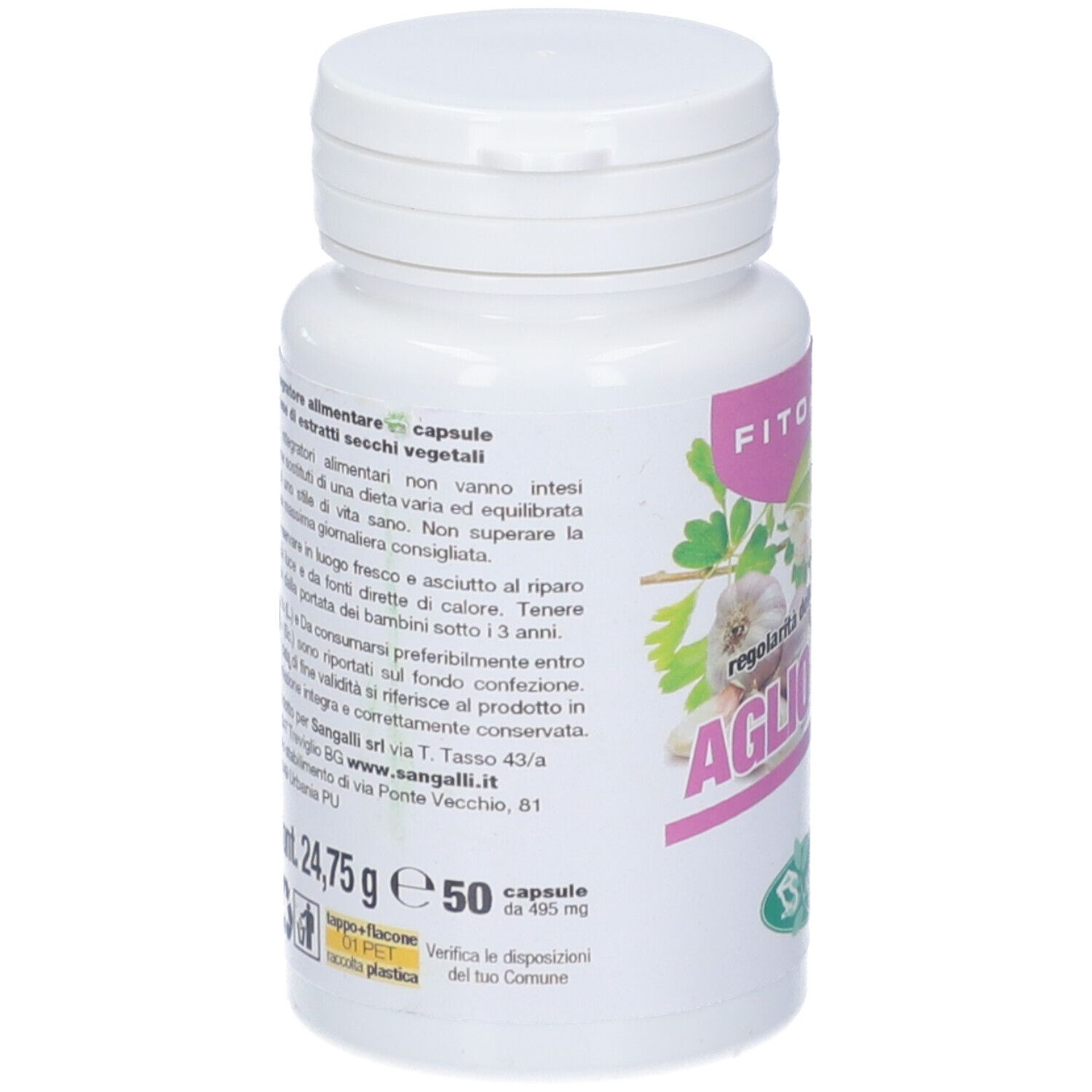 Flacone bianco di capsule. Testo in italiano. Scritta: 50 capsule, 24,75 g. Logo Sangalli.