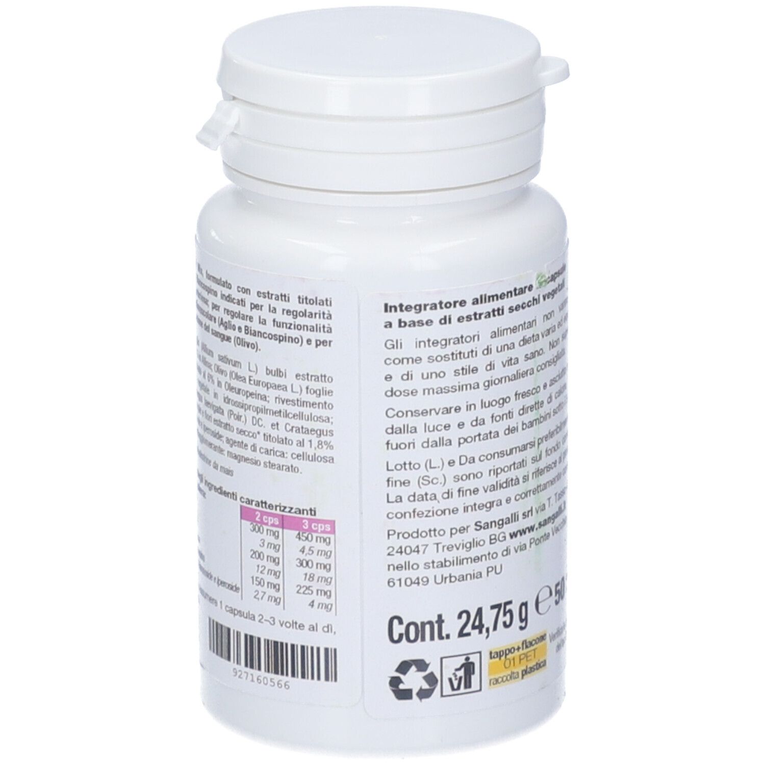 Flacone bianco di capsule. Testo in italiano. Ingredienti e informazioni nutrizionali. Logo Sangalli.