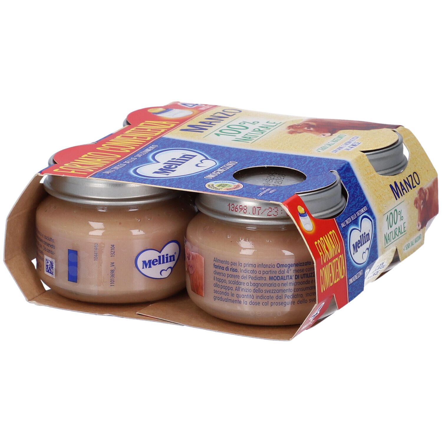 Quattro vasetti di omogeneizzato Mellin in confezione di cartone. Gusto manzo, 100% naturale.