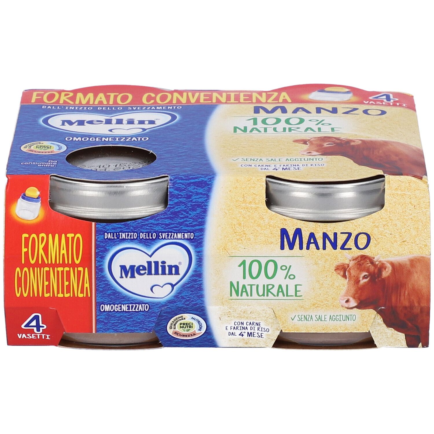 Mellin Omogeneizzato Manzo, 4 vasetti, 100% naturale.