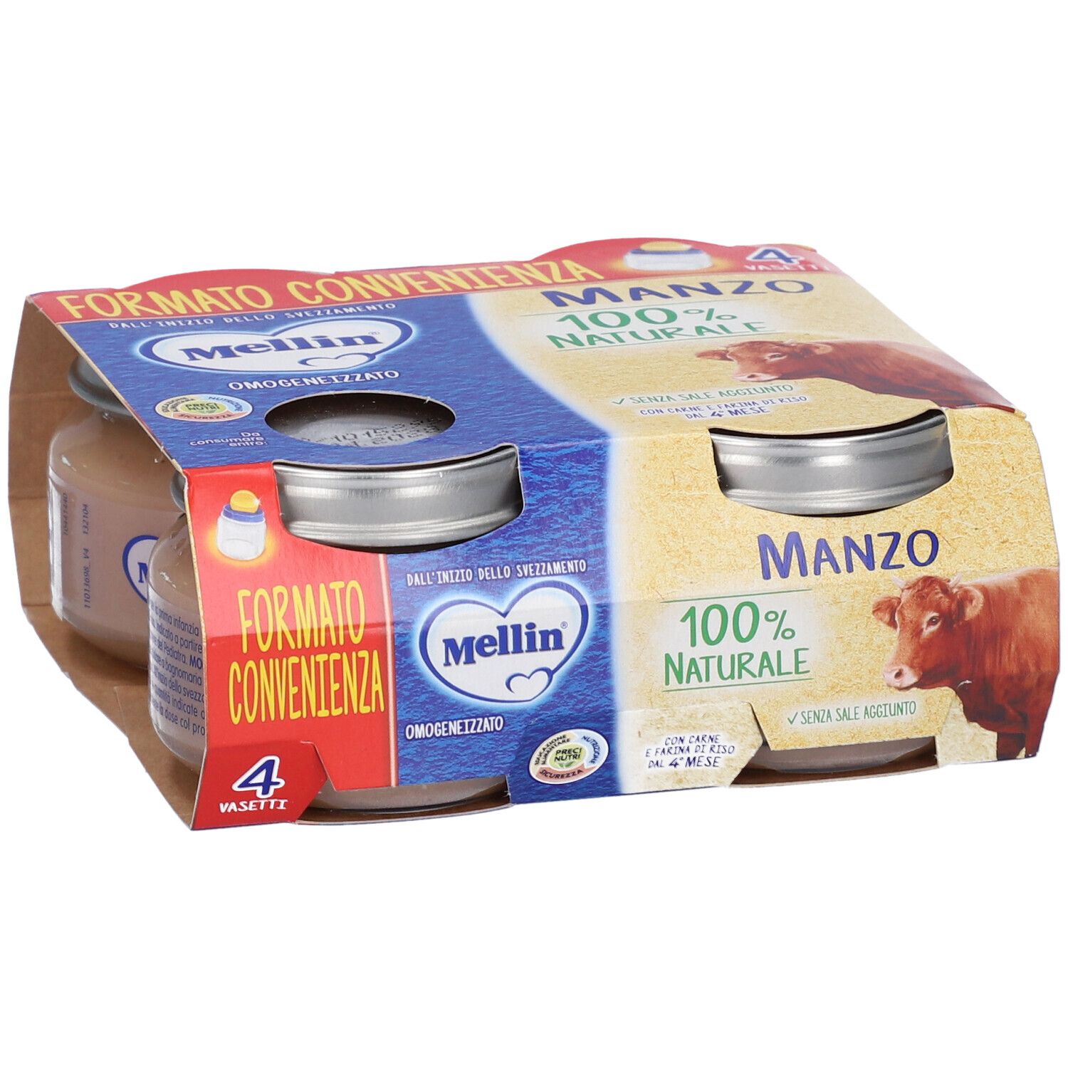 Confezione da 4 vasetti di omogeneizzato di manzo Mellin, 100% naturale.