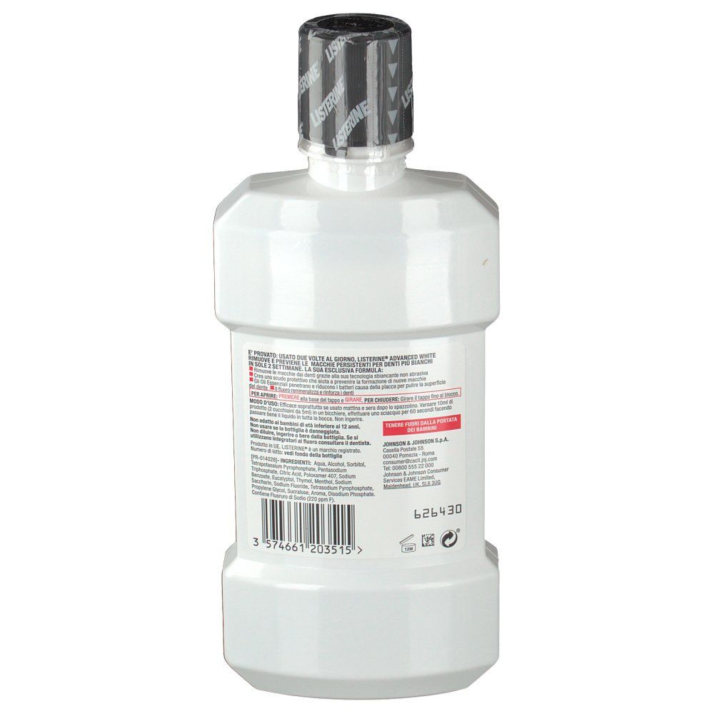 Retro del flacone bianco. Testo sull'etichetta. Codice a barre e loghi. Tappo nero.