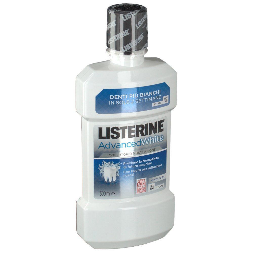 Flacone bianco con etichetta blu. Scritta: Listerine Advanced White. Contiene fluoro.