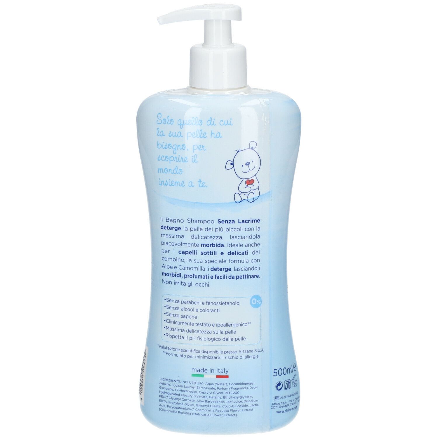 Retro del flacone azzurro con dosatore. Testo e illustrazione di un orsetto. Nome del prodotto e informazioni sul contenuto.