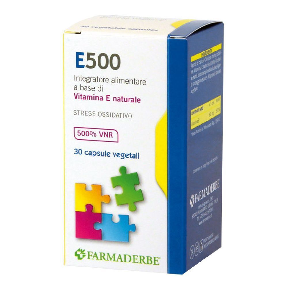 Scatola di capsule E500. Scritto: Integratore alimentare a base di Vitamina E naturale, 30 capsule vegetali. Marchio: Farmaderbe.