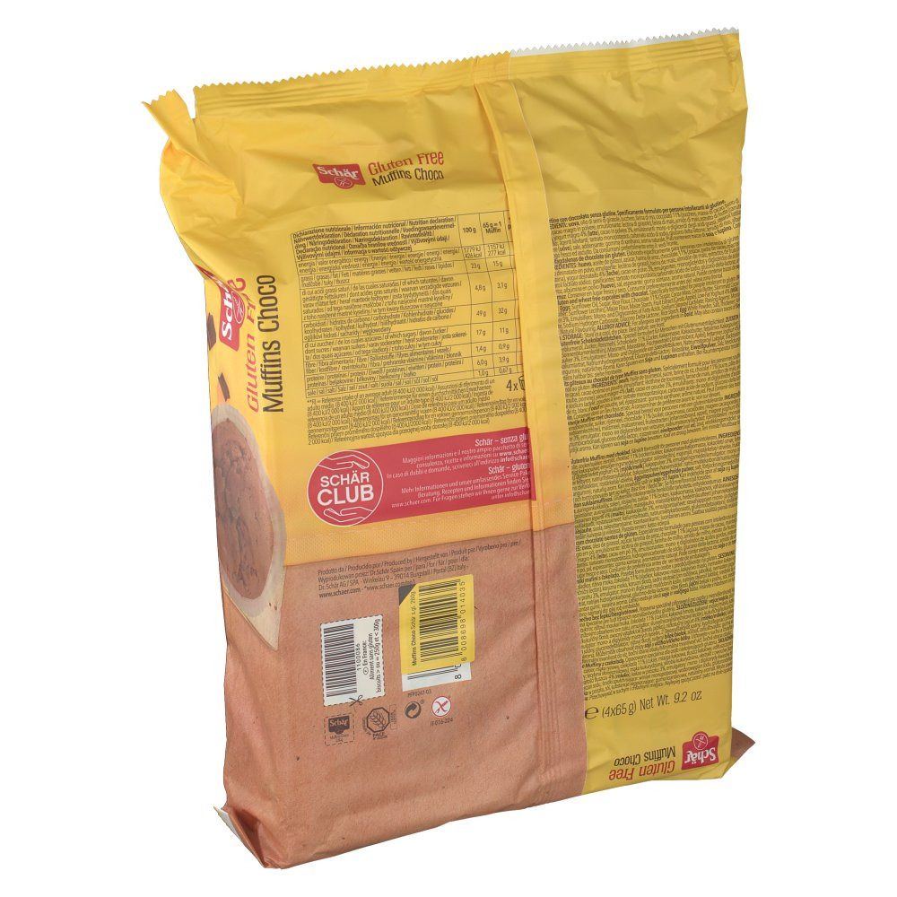 Retro della confezione gialla Schar® Gluten Free Muffins Choco. Testo e informazioni nutrizionali. Sigillo senza glutine.
