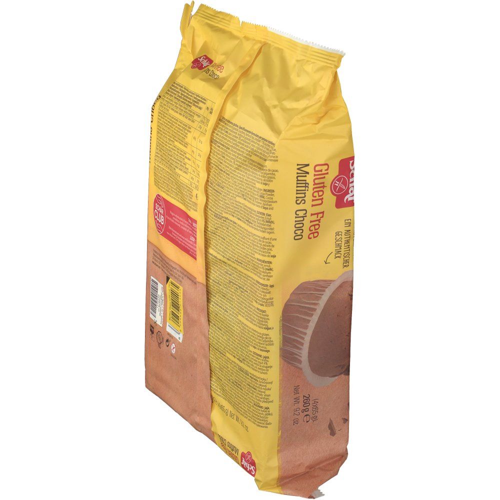 Confezione gialla Schar® Gluten Free Muffins Choco, vista laterale. Testo e immagini di muffin. Sigillo senza glutine.
