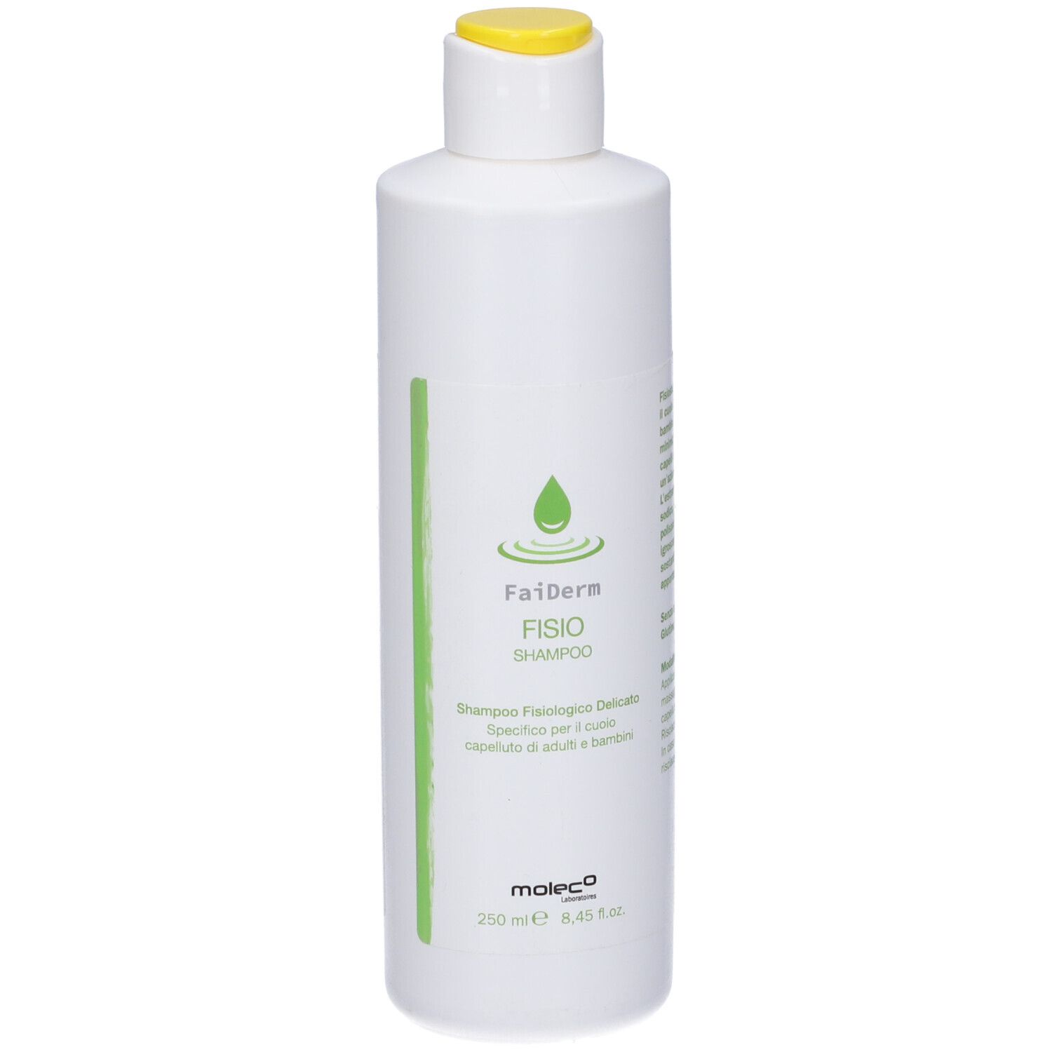 Flacone bianco con tappo giallo. Scritta: Faiderm Fisio Shampoo. Linea e logo verdi. 250 ml.