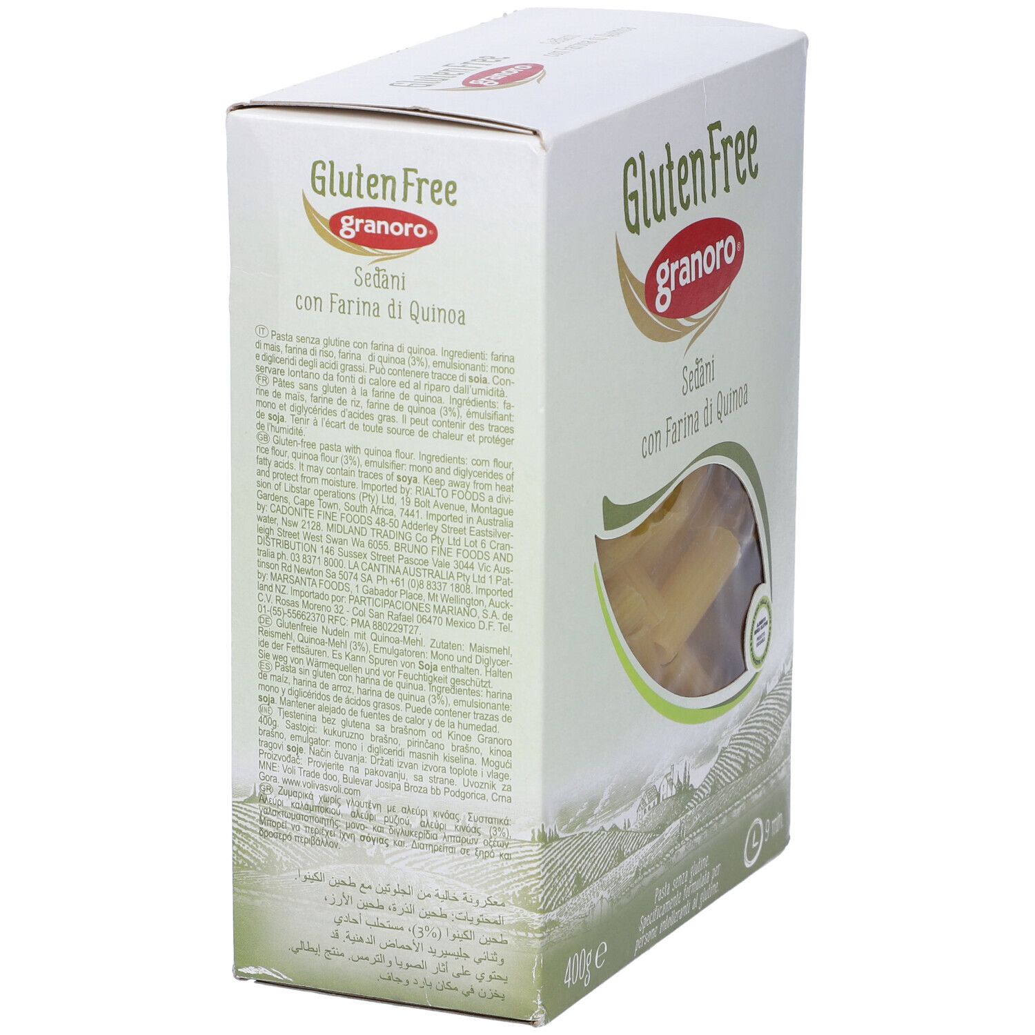 Vista laterale confezione Granoro Sedani senza glutine. Informazioni testuali e logo. 400g.