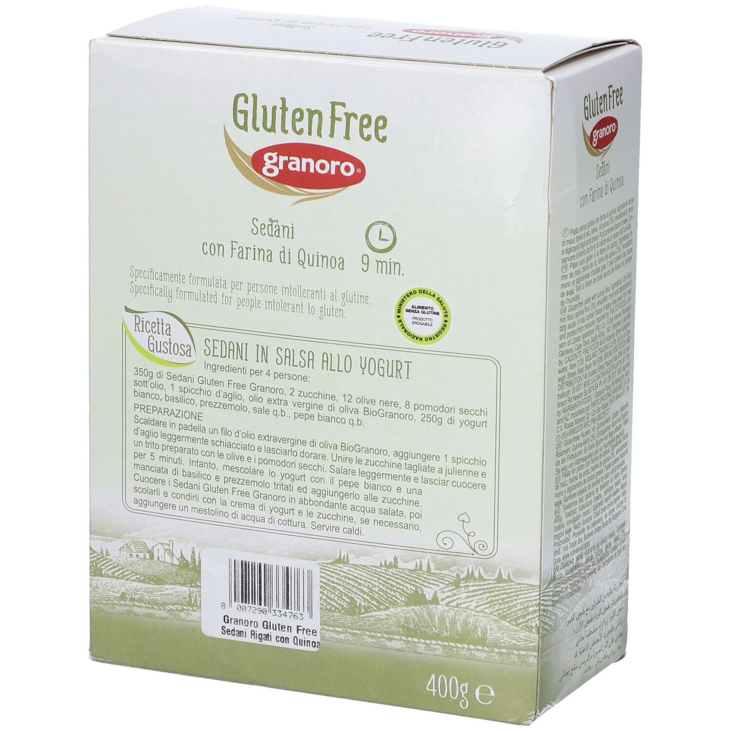 Retro confezione Granoro Sedani senza glutine. Ricetta Sedani in salsa allo yogurt. 400g.