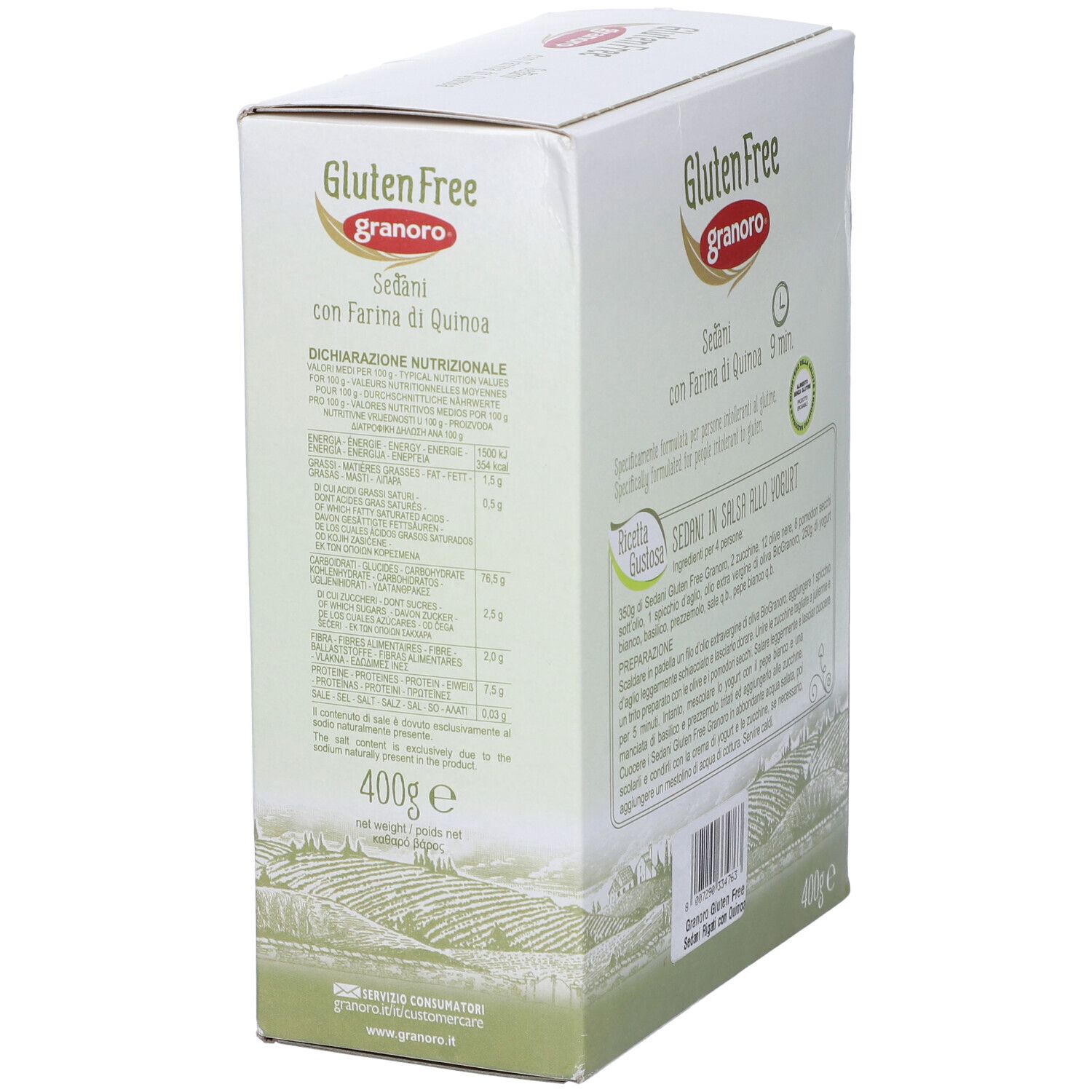 Retro confezione Granoro Sedani senza glutine. Informazioni nutrizionali e logo. 400g.