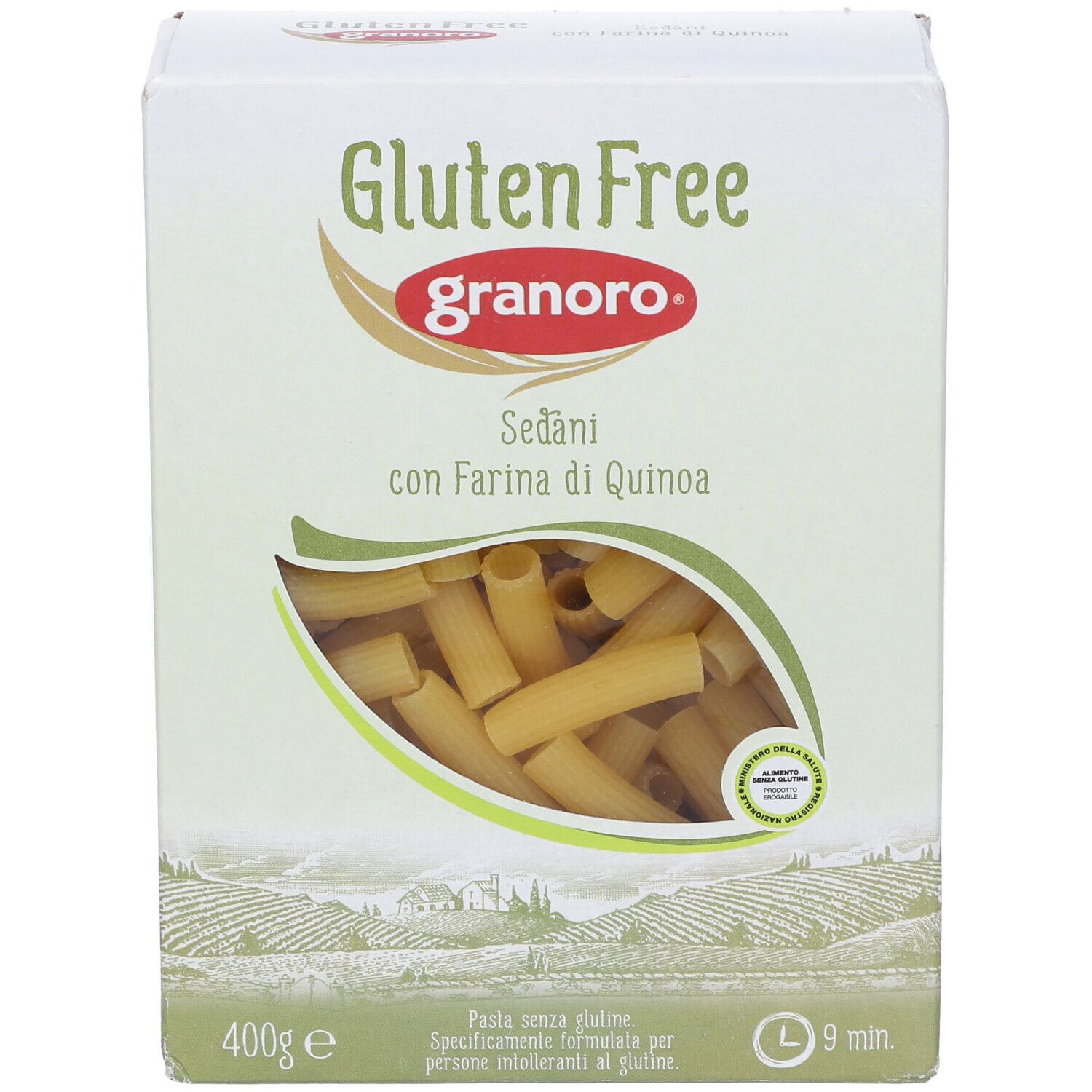Scatola Granoro Sedani senza glutine. Finestra mostra pasta. 400g, cottura 9 min. Con Farina di Quinoa.