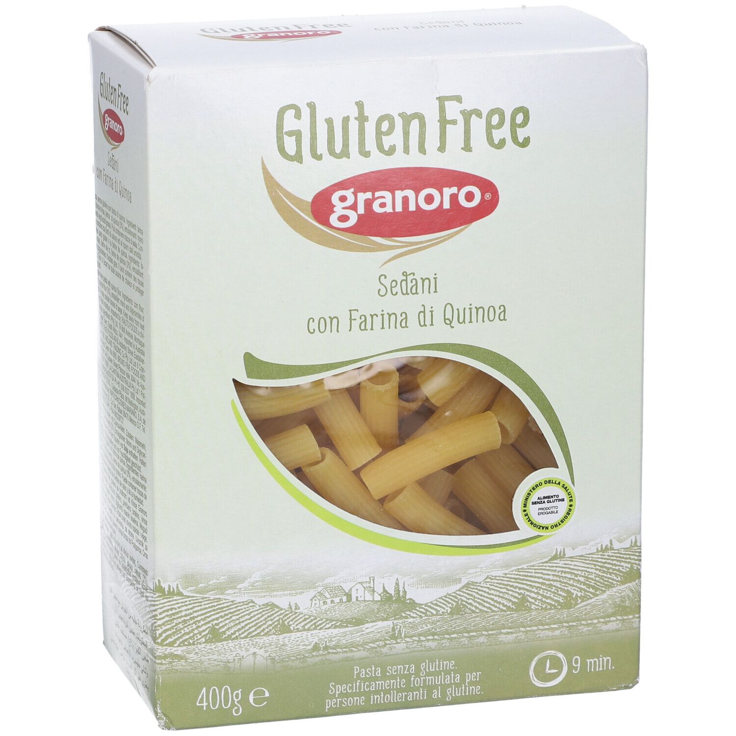 Scatola Granoro Sedani senza glutine. Finestra mostra pasta. 400g, cottura 9 min. Con Farina di Quinoa.
