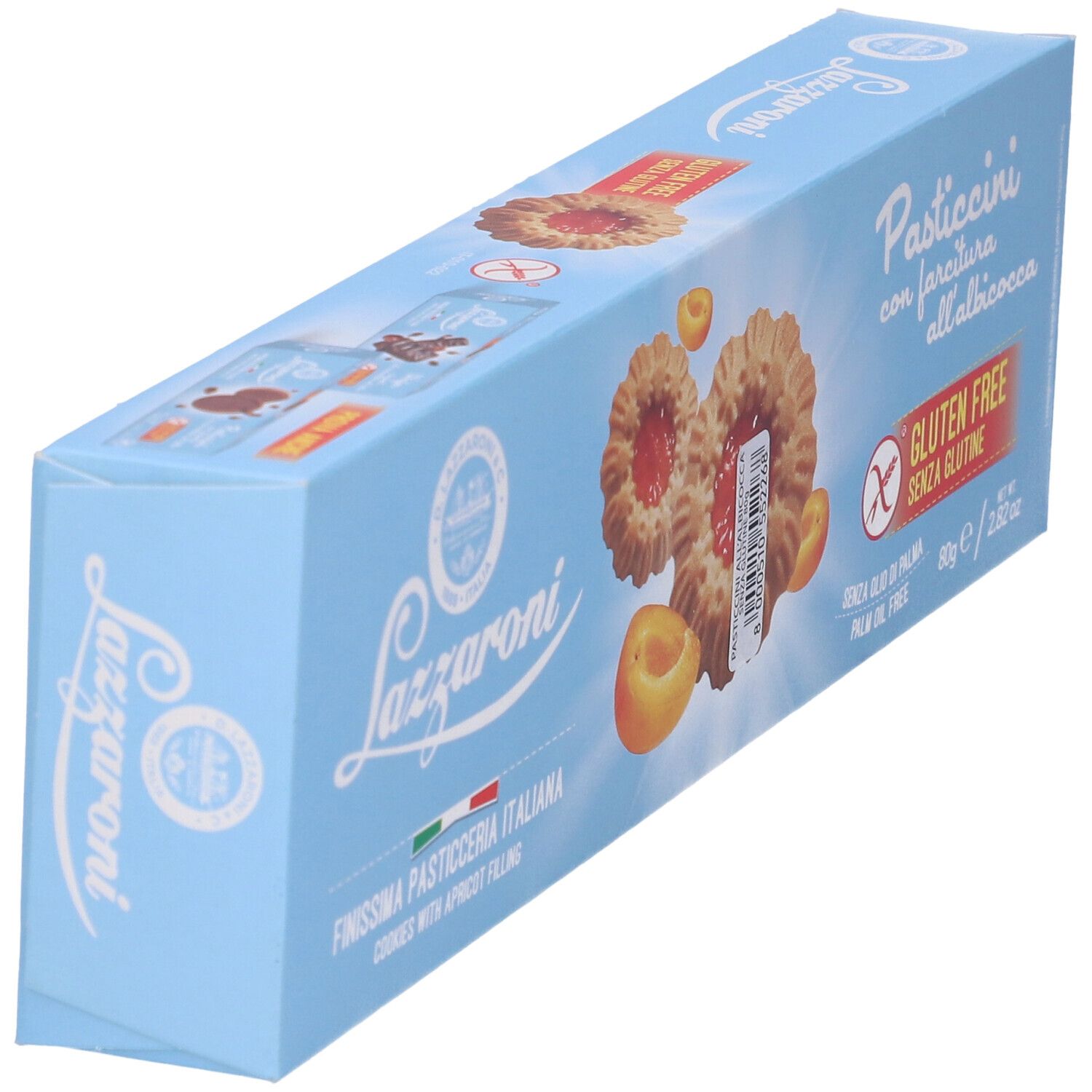 Scatola azzurra obliqua. Scritta: Pasticcini con farcitura all'albicocca, senza glutine. Marchio: Lazzaroni. Illustrati biscotti e albicocche.