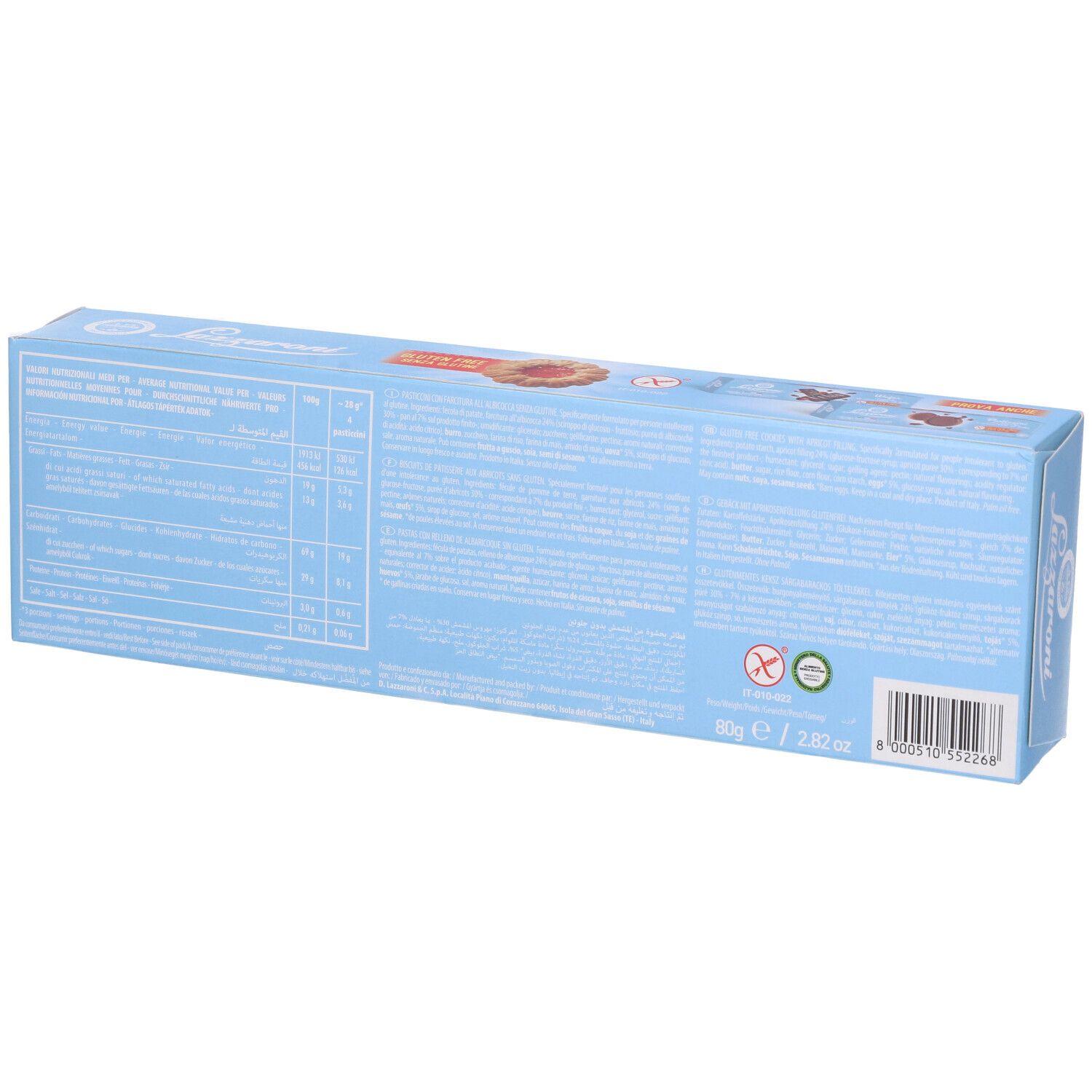 Retro di una scatola azzurra. Testo con informazioni nutrizionali e simbolo senza glutine. Codice a barre e peso: 80g / 2.82 oz.